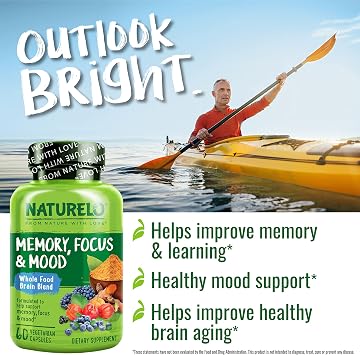 NATURELO Whole Food Brain Supplement for Focus Support, 60 Capsules