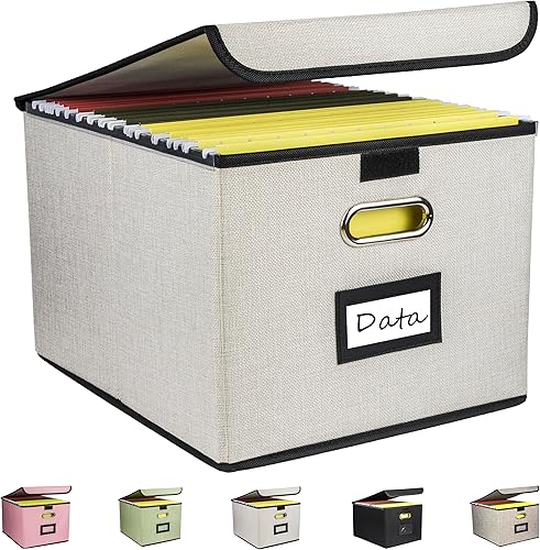 Caja organizadora de archivos plegable, cajas de almacenamiento para colgar archivos con tapa, caja de carpetas de archivos portátil de lino con