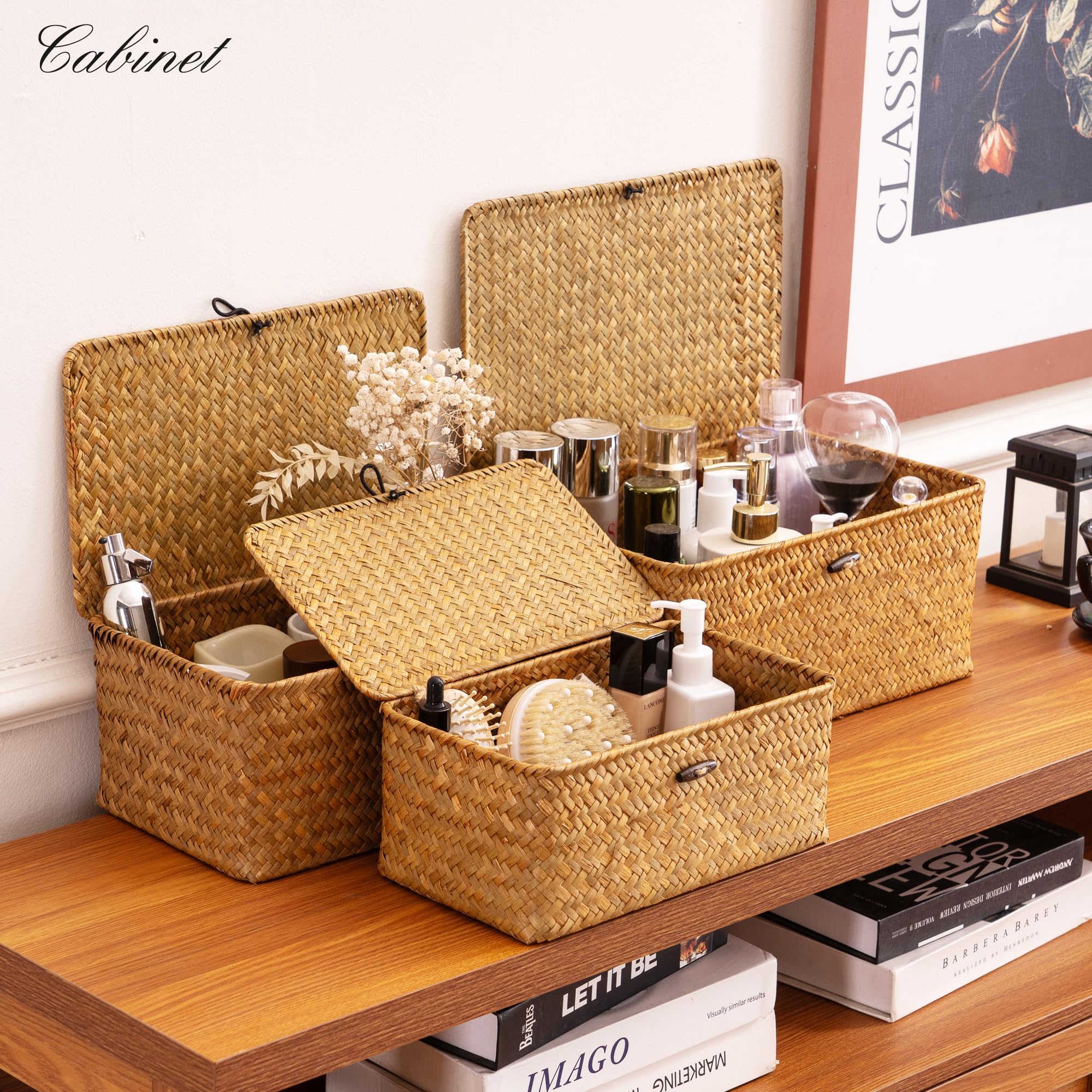 Best Storage Basket With Lid Picks for 2026 1 Nonam Storage Basket with Lid, Natural Seagrass Bin with Lid Set of 3, Shelf Bas — product photo