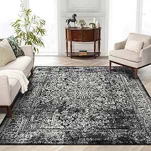 vivorug 5x7 Area Rugs, Stain Resistant Washable Rug for Living Room, Vintage-Inspired Black and White Rug