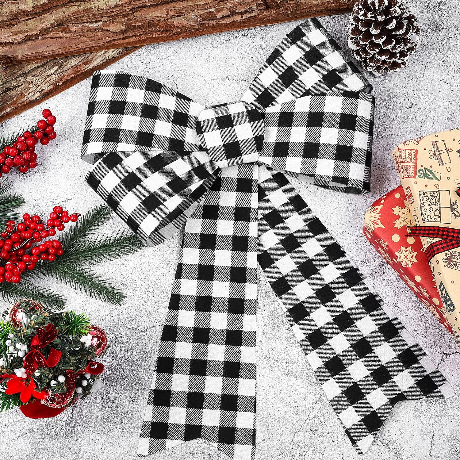 Aneco 2 Pack 12 x 18 Inches White and Black Plaid Christmas Bows Christmas Wreaths Bows Xmas Plastic Bows for Christmas Tree, Garland and Outdoor Decoration