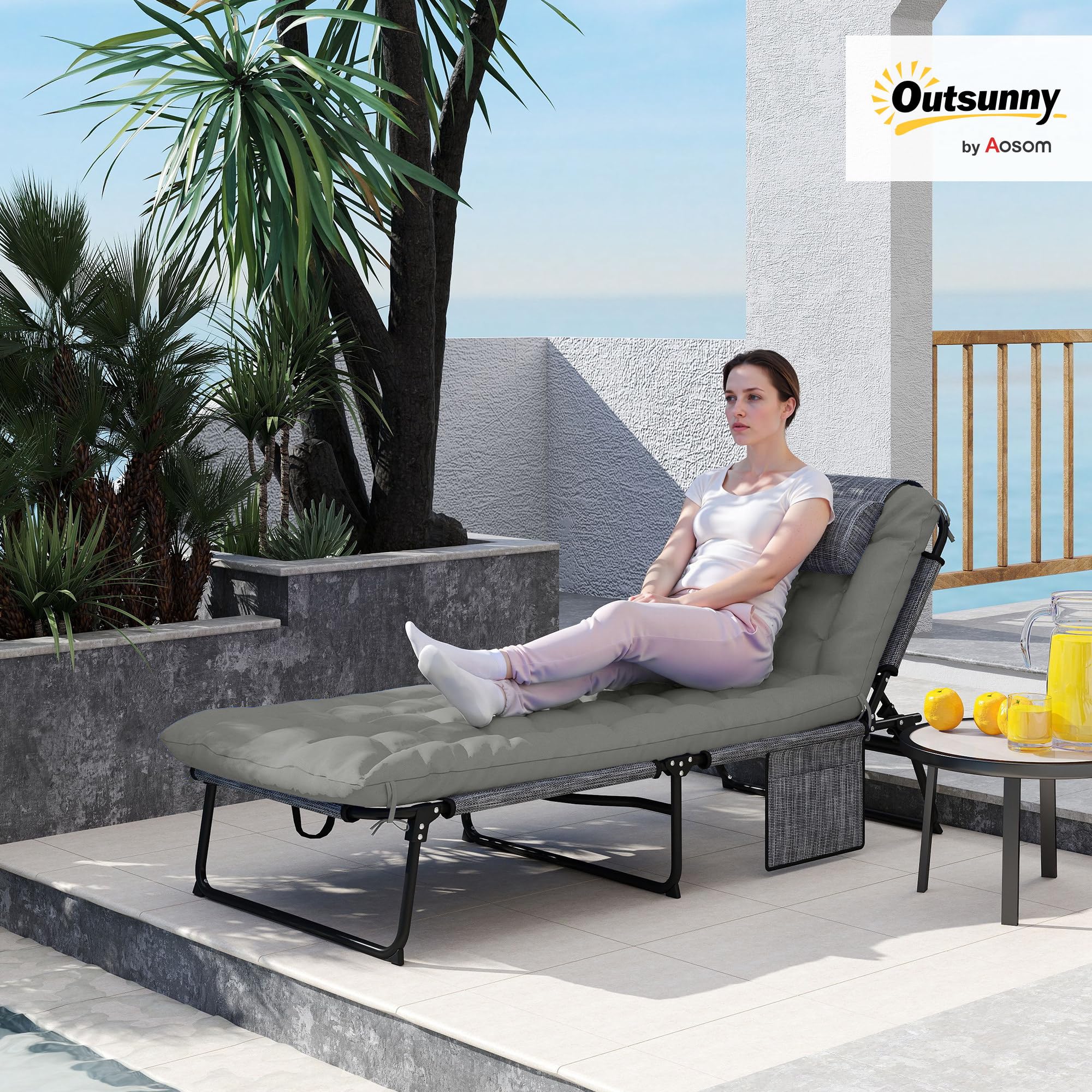 Outsunny Łóżko polowe, łóżko kempingowe, leżak kempingowy z kieszenią boczną, składane łóżko z poduszką, regulowane oparcie do ogrodu, na balkon, do 120 kg, szare