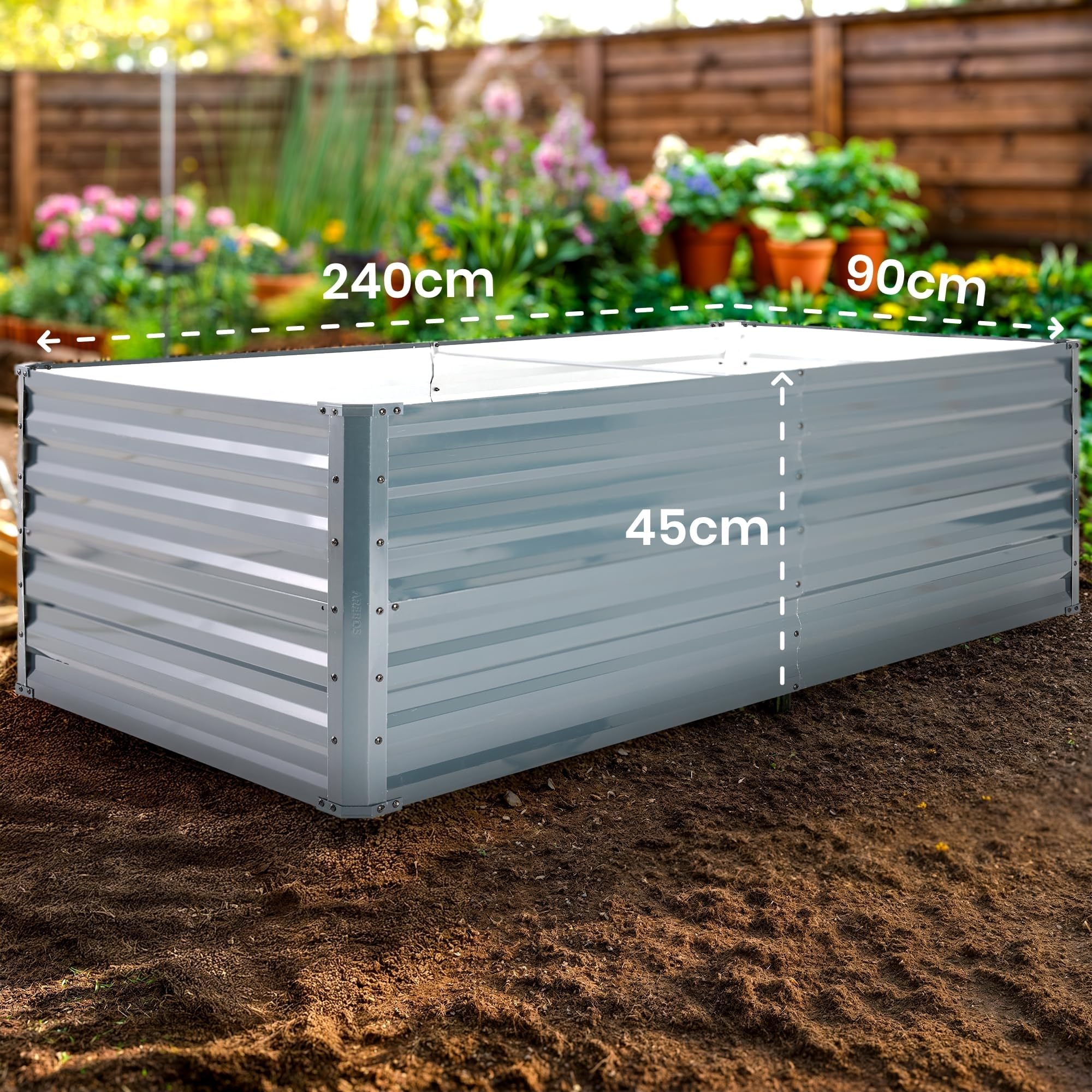 AREBOS Letto rialzato in metallo 240x90x45 cm | letto da giardino in acciaio zincato | letto per piante resistente alle intemperie e alla ruggine | letto rettangolare per orto e patio