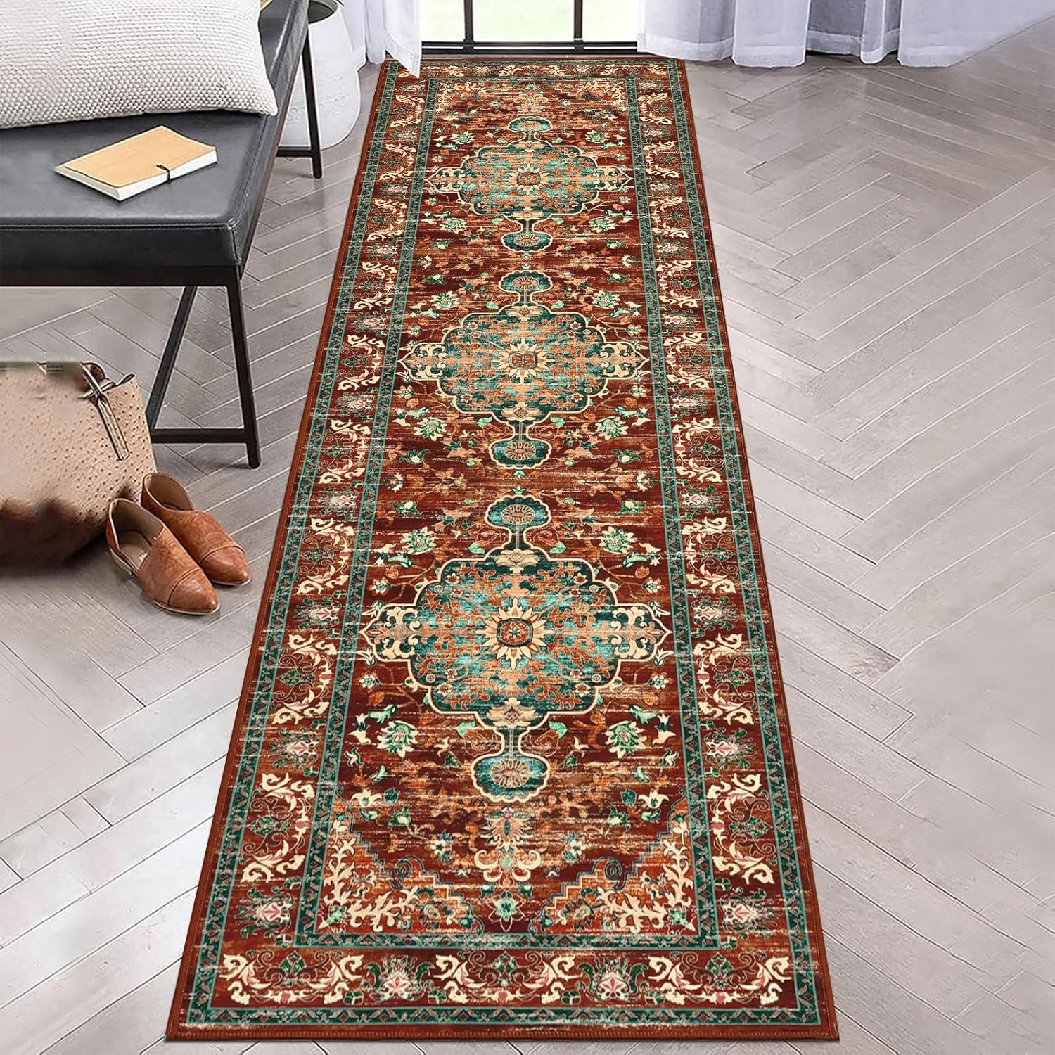U'Artlines 2' x 8' Boho Hallway Runner Rug, Non Slip Washable Vintage Farmhouse Accent Area Rug Carpet for Kitchen Entryway Laundry and Living Room (Rust&Teal)