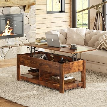WLIVE Coffee Table, 47 Lift Top Coffee Table with Hidden Compartment and 2 Storage Shelves for Living Room, Brown