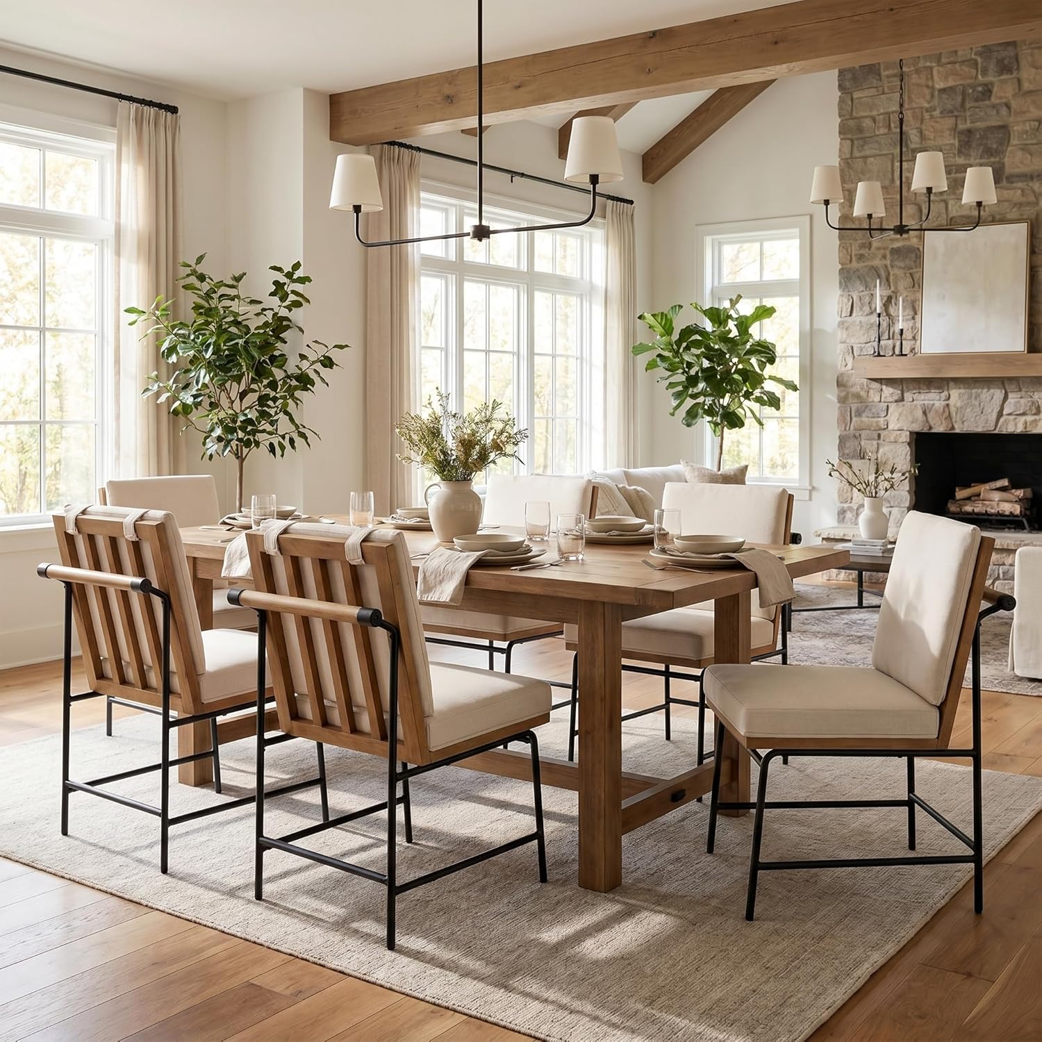 DUOMAY Mid-Century Modern Dining Chairs Set of 6, Linen Upholstered Side Chair with Rear Handle, Armless Chair with Metal Legs for Kitchen Dining Room Living Room Vanity, White
