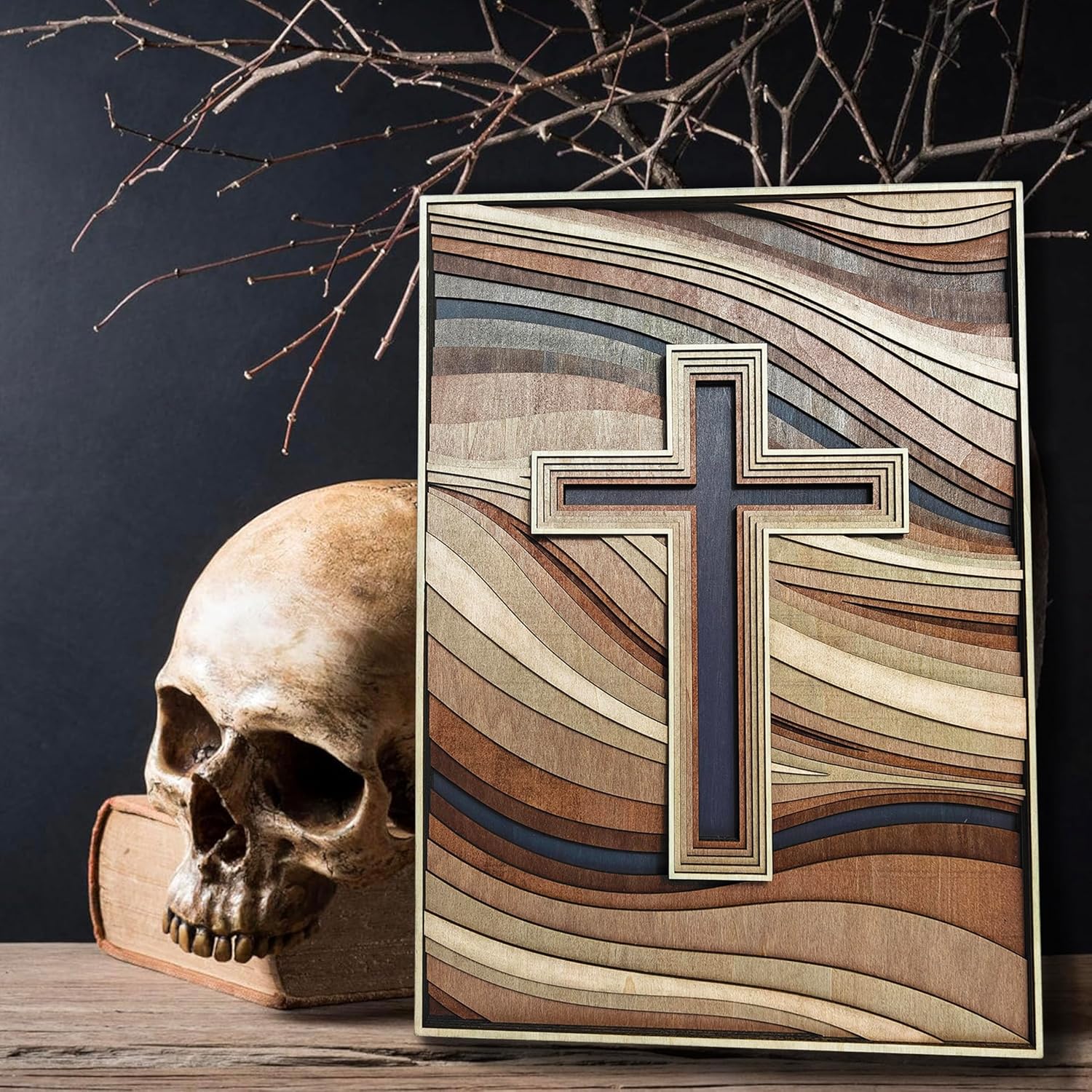 Sacred Christian wooden cross wall decoration art painting, wall-mounted colorful decorative item, 3D multi-color 8-layer stacked gradient-colored decorative wooden cross for wall, suitable for hanging decoration as a gift for homes, living rooms, bedrooms, hallways, religious places or churches.