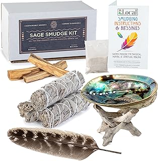 White Sage & Palo Santo Smudge Kit | Smudging Kit with Sage Smudge Sticks ~ Palo Santo ~ White Sand ~ Abalone Shell ~ Stan...