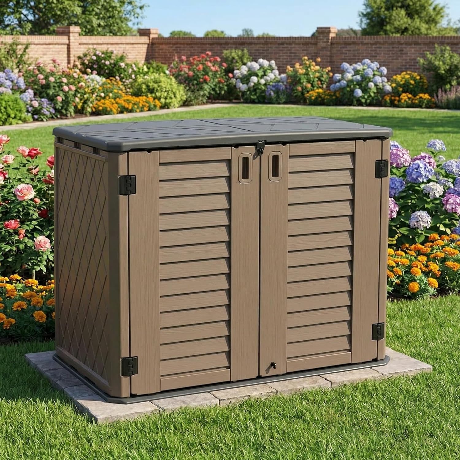 Outdoor Storage Cabinet, 34 Cu. Ft Horizontal Resin Storage Shed for Trash Cans/Garden Tools/Backyard/Pool, Weatherproof & Lockable, No Shelf Included (Brown)