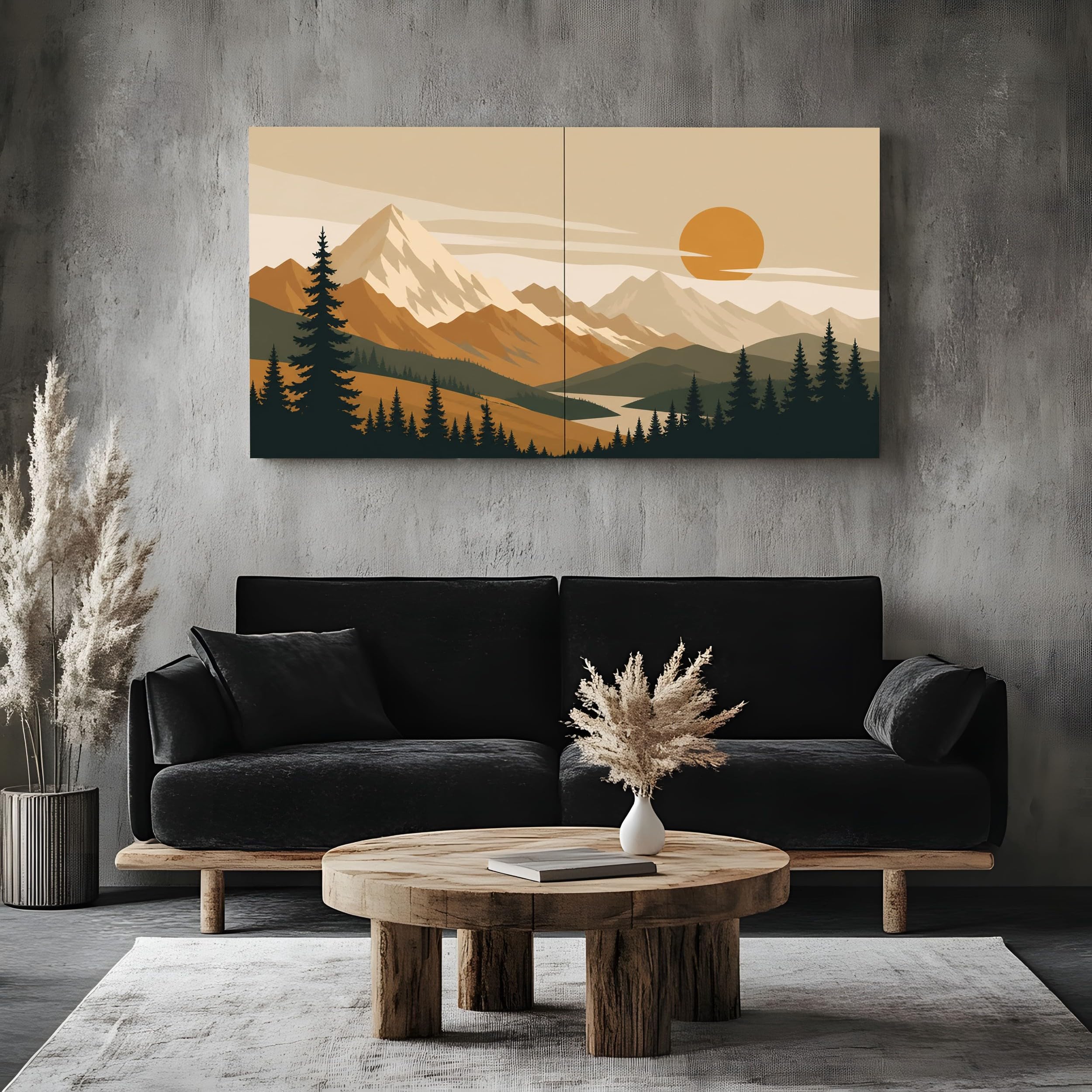quadro grande soggiorno Tramonto Montano Retrò su tela 80x160cm con cornice