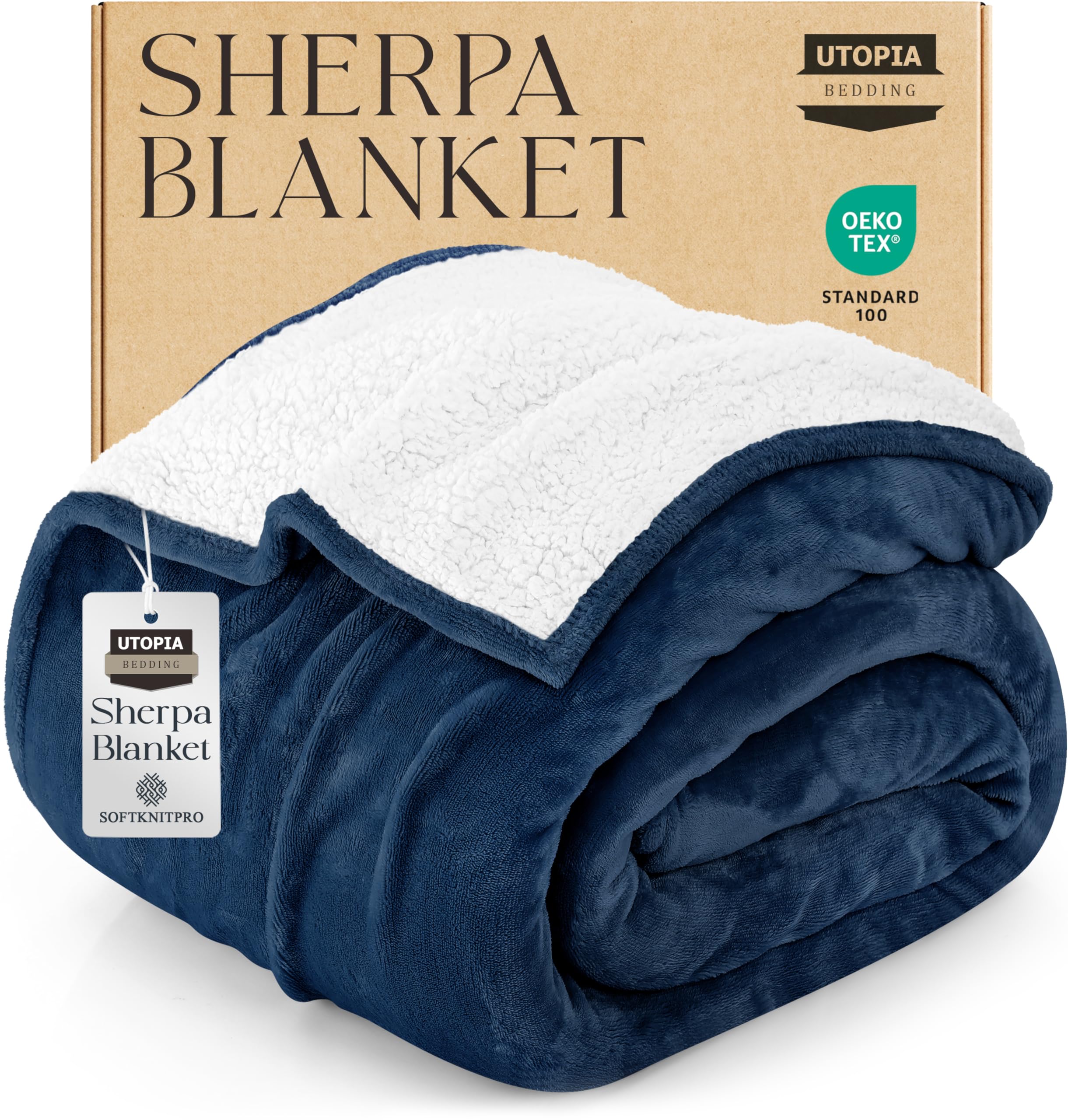 Utopia Bedding Sherpa Blanket Full Size (Navy, 90x84 Inches) - Soft Lightweight Plush Fleece Reversible Blanket for Bed, Sofa, Couch, Camping and Travel