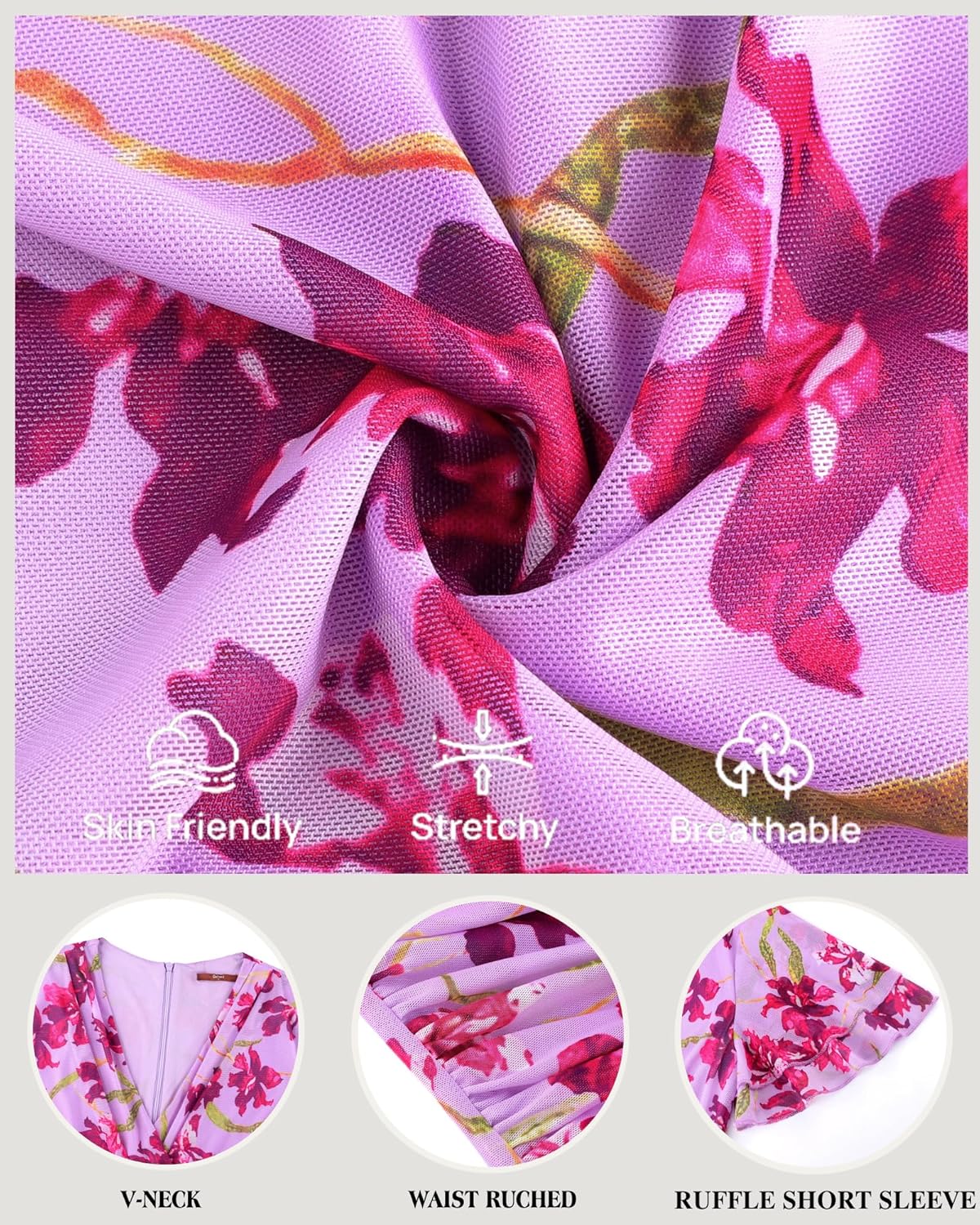 Gaharu Women's Summer Floral Bodycon Maxi Dress 2026 Ruched Mesh Ruffle Sleeve Spring Wedding Guest Cocktail Party Dresses - Image 5