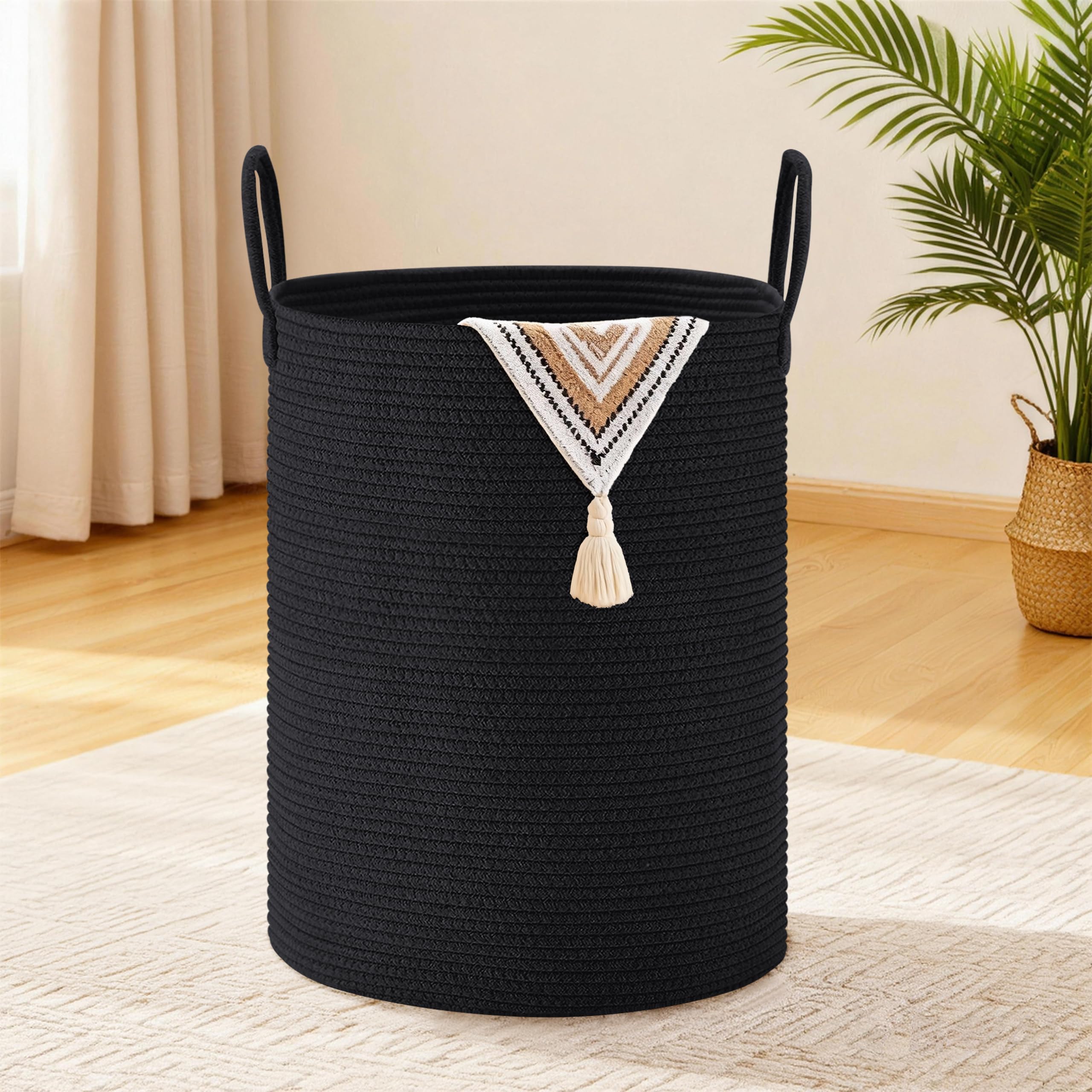 MYHOMMATTO Wäschekorb,Aufbewahrungskorb,Geflochten Korb,58L Klein Rund Wäschesammler mit Baumwoll Henkel für Kinderzimmer,Korb für Decken und Spielzeug für Wohnzimmer oder Waschraum,Schwarz