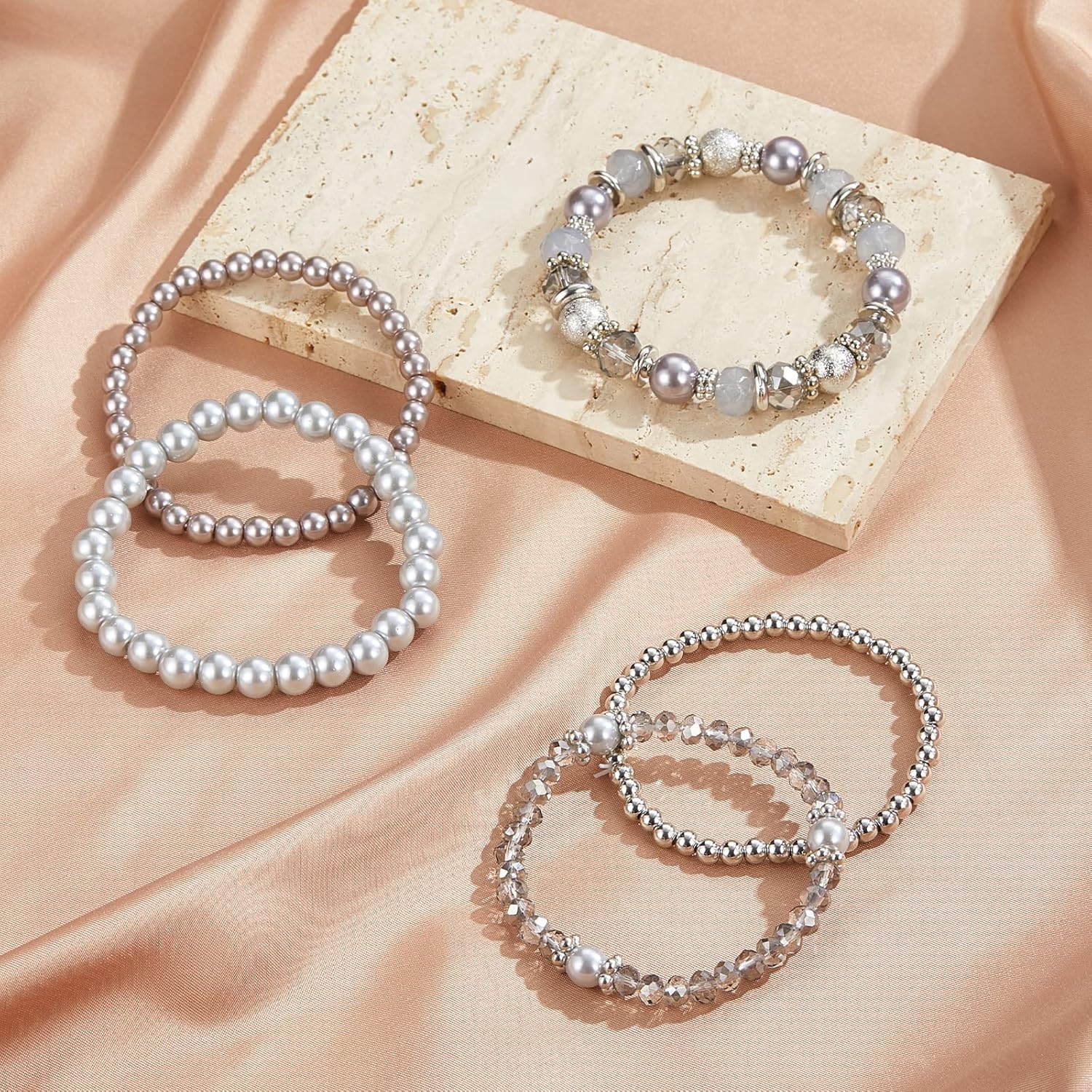 Noessla Beaded Pearl Stretch Bracelet Silver Stackable Crystal Beads Bracelets Trendy Costume Jewelry Mothers Day Gifts for Women - Image 6