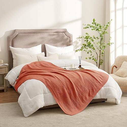 Miniatura 2 de Amélie Home Manta de punto hecha a mano con textura de hoja, gruesa, cálida manta decorativa de granja para sofá, cama, sofá, silla, naranja arce,