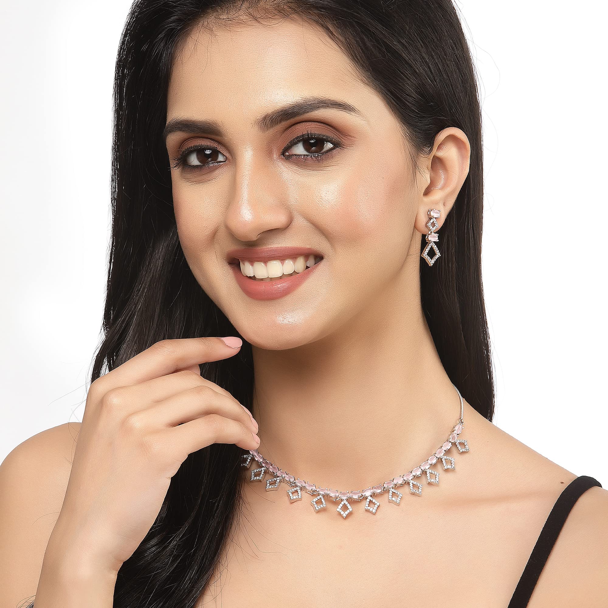 Rhodium-Plated Rectangle Shape AD Necklace Earring Set