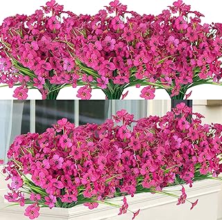 12 Bundles Fake Flowers Outdoor UV Resistant Artificial Plants Flowers No Fade Faux Plastic Flowers Greenery Shrubs for Garden Porch Window Box Home Decor (Rose Red)