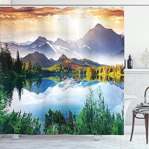 Ambesonne Scenic Decor Collection, Mountain Lake View Sunny Day Nature Picture Art Paintings Effect Print, juego de cortina de ducha de baño de tela