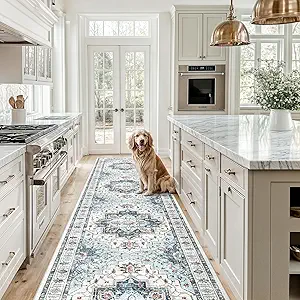 Madane Hallway Runner Rug 2'6''x12' Kitchen Runner, Non Slip Vintage Runners for Hallways Washable Kitchen Rugs Soft Low Pile 2.5x12 ft Rug Runner for Laundry Room, Entryway and Bedroom, Blue