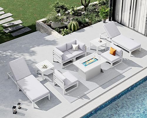 Miniatura 129 de NICESOUL 7 Piece White Powder-Coated Aluminum Patio Furniture with Fire Pit Table, 29 Inch Extra Wide Outdoor Sectional Sofa for 6, High-End Heavy