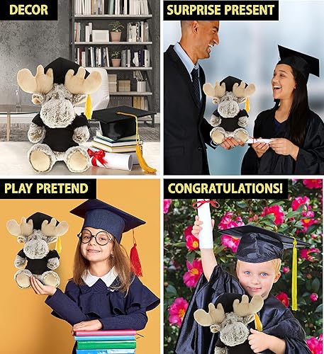 Miniatura 4 de DolliBu Juguete de peluche de graduación de alce sentado, suave vestido de animal de peluche de graduación con vestido y gorra con borlas, bonito