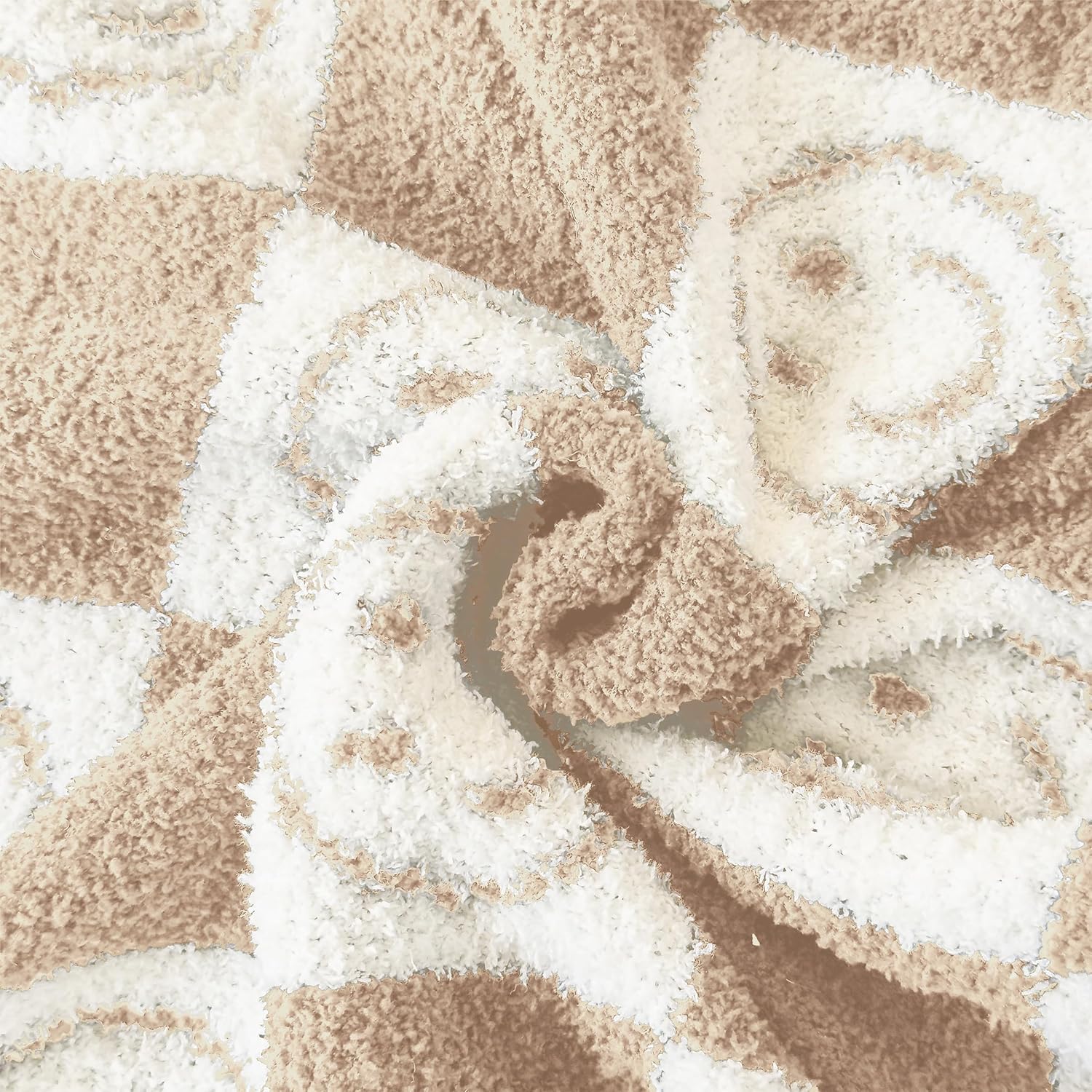 Pack of 2 Ultra Soft Cozy Happy Smiling Face Checkered Knitted Throw Pillow Cover Fluffy Microfiber pillocase Decorative for Sofa Bed 18 Inches Both Sides (Cream)
