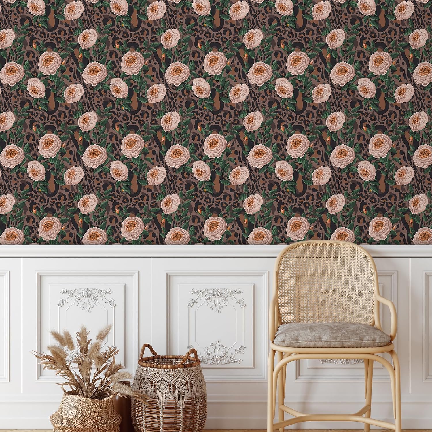 CRE8TIVE 24"x118" Pink Leopard Peel and Stick Wallpaper Rose Floral Wallpaper Leaf Contact Paper for Girls Bedroom Self Adhesive Removable Vinyl Wall Paper for Bathroom Cabinets Drawers Liners Walls