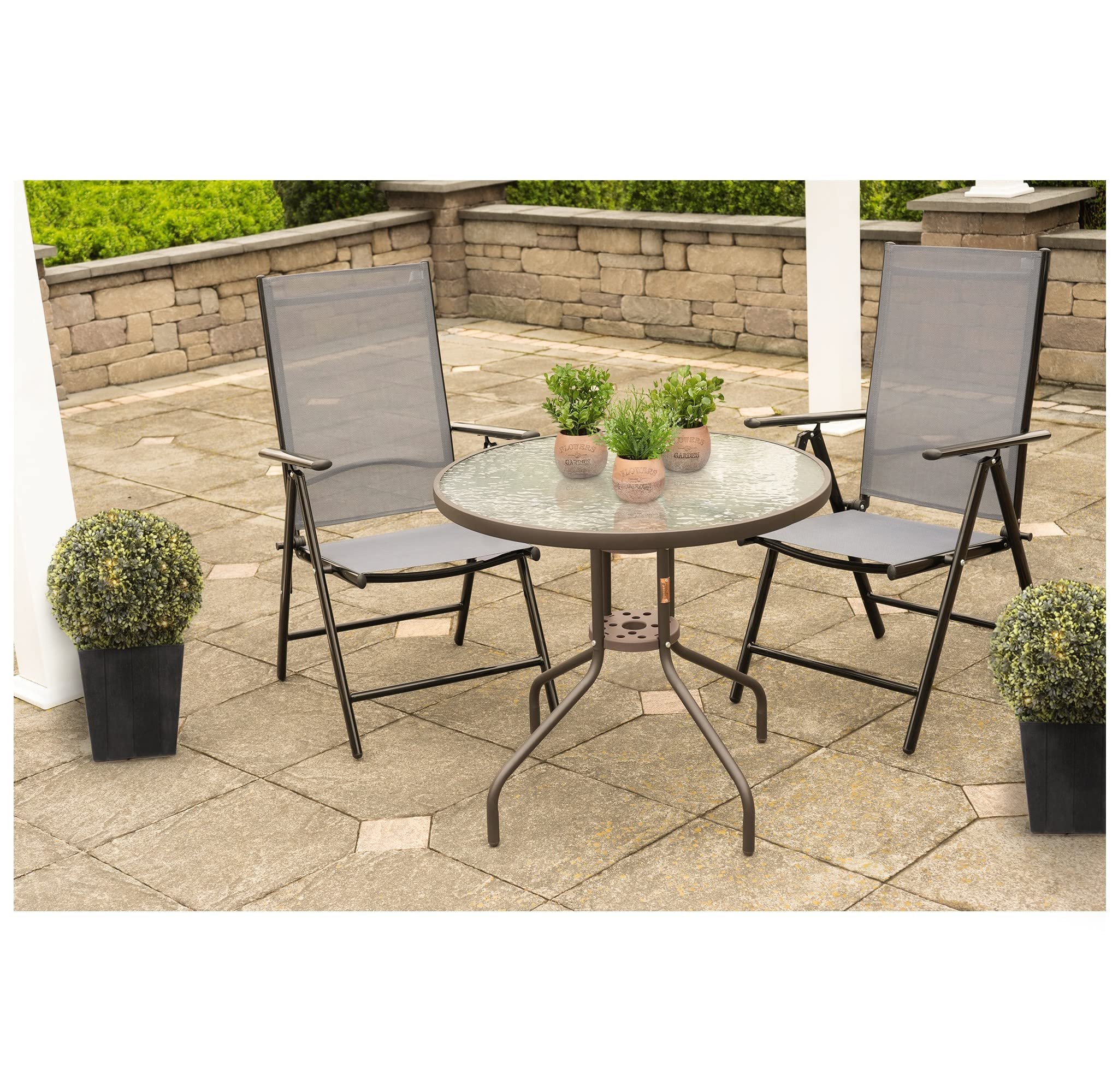 Muebles de patio al aire libre, mesa de comedor redonda, base de acero y borde con parte superior de vidrio ondulado, marrón, 31.5 pulgadas 5