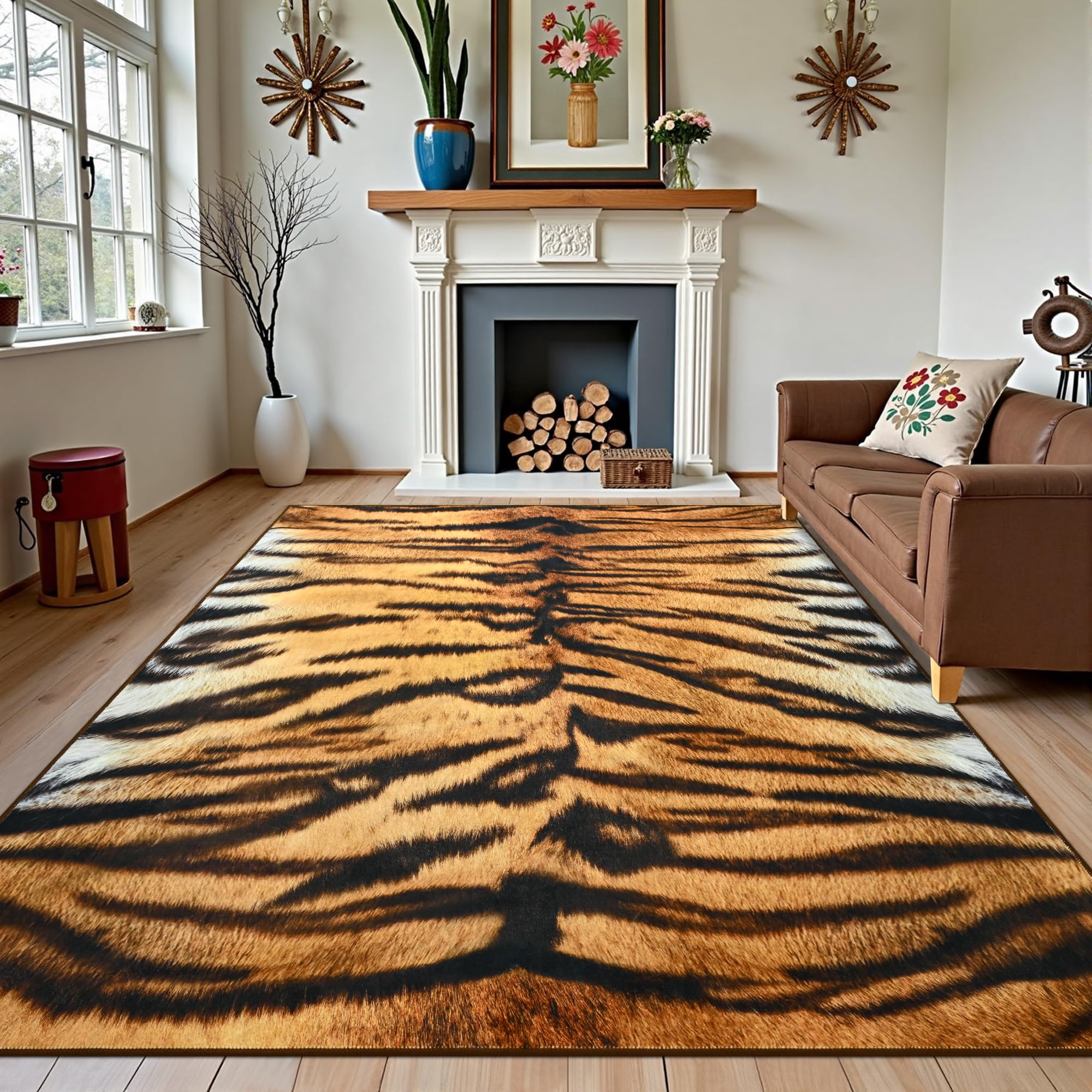 Foxmas Tiger Print Rugs for Living Room, 5x7 Feet Washable Animal Rug, Non-Slip Low Pile Indoor Floor Rug, Carpet for Bedroom Dining Room Western Home