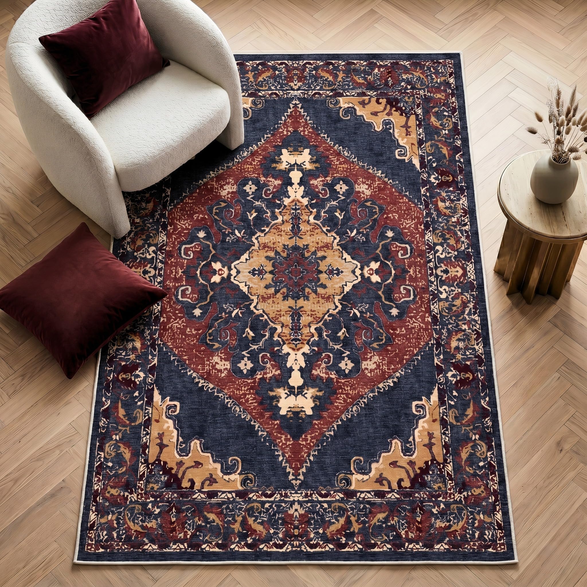 Imperium Homeware Machine Washable Rug, 80x150cm, Non-Slip Backing, Short Pile, Non-Shedding, Pet-Friendly — Area Rug for Living Room & Bedroom, Garnet Dark Navy