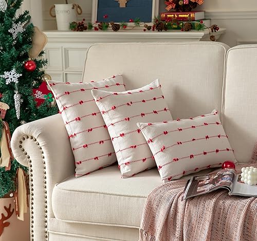 Miniatura 6 de Juego de 2 fundas de almohada bohemias de Navidad de 18 x 18 pulgadas, color beige y rojo, fundas decorativas modernas de estilo rústico para sofá,