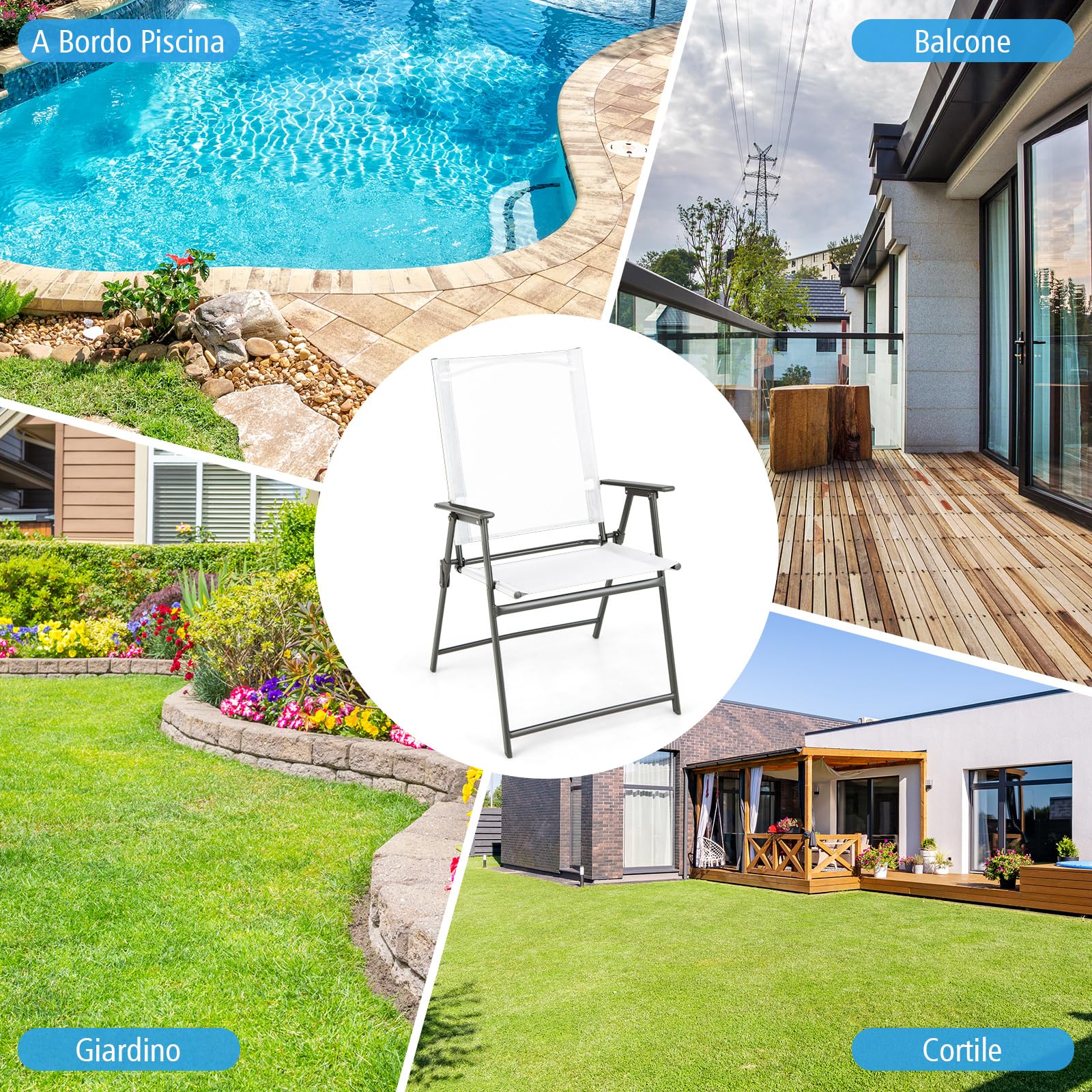 COSTWAY Set di 2/4 Sedie Pieghevoli da Giardino in Textilene, Sedie da Esterno con Schienale Alto, Poltrona Portatile per Giardino Campeggio Patio, Portata 150 kg (4, Bianco, 62 x 58 x 96 cm)