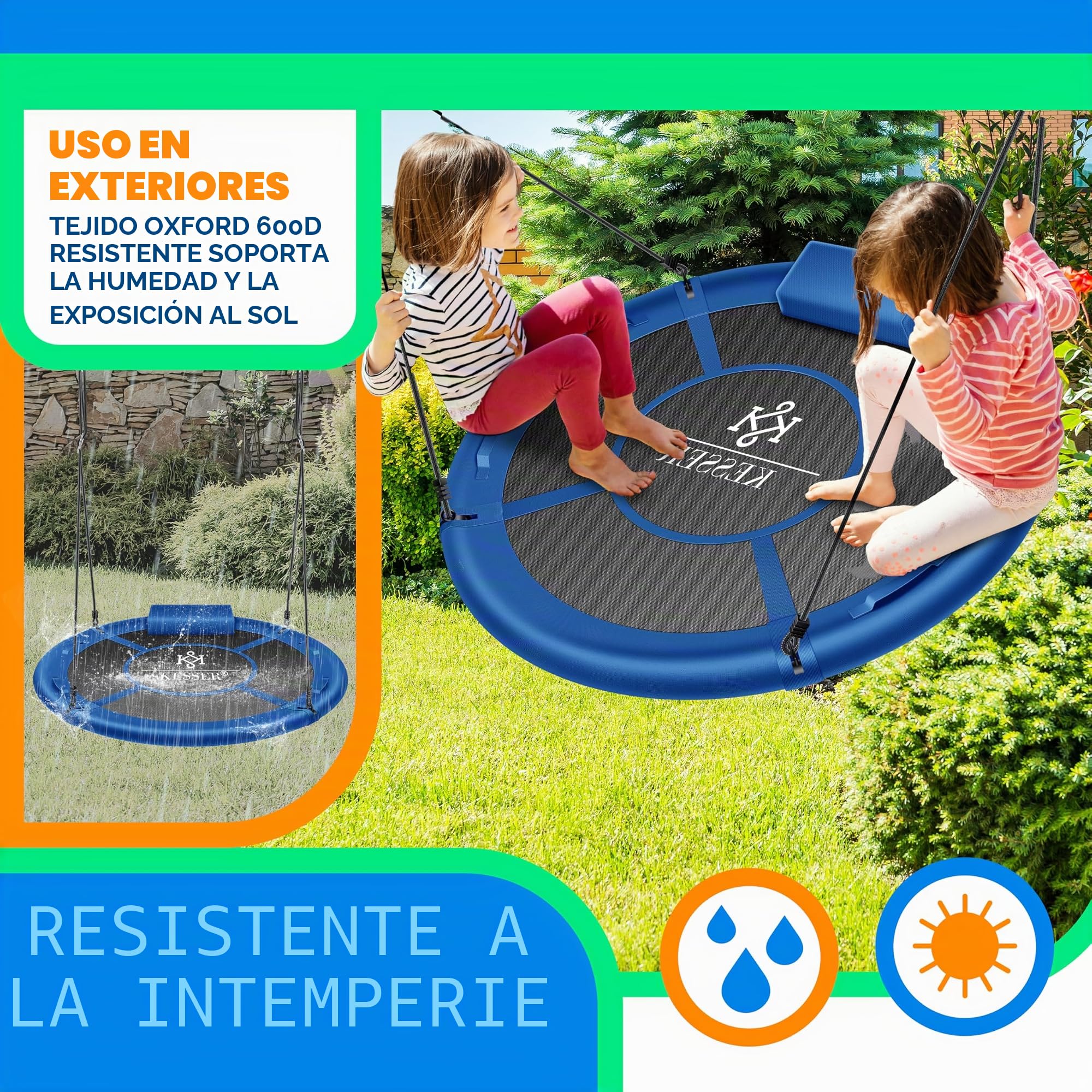 KESSER® Columpio nido de pájaro, diámetro 100 cm, carga máxima 300 kg, con cojín y 4 asas ajustables, para niños y adultos, color azul