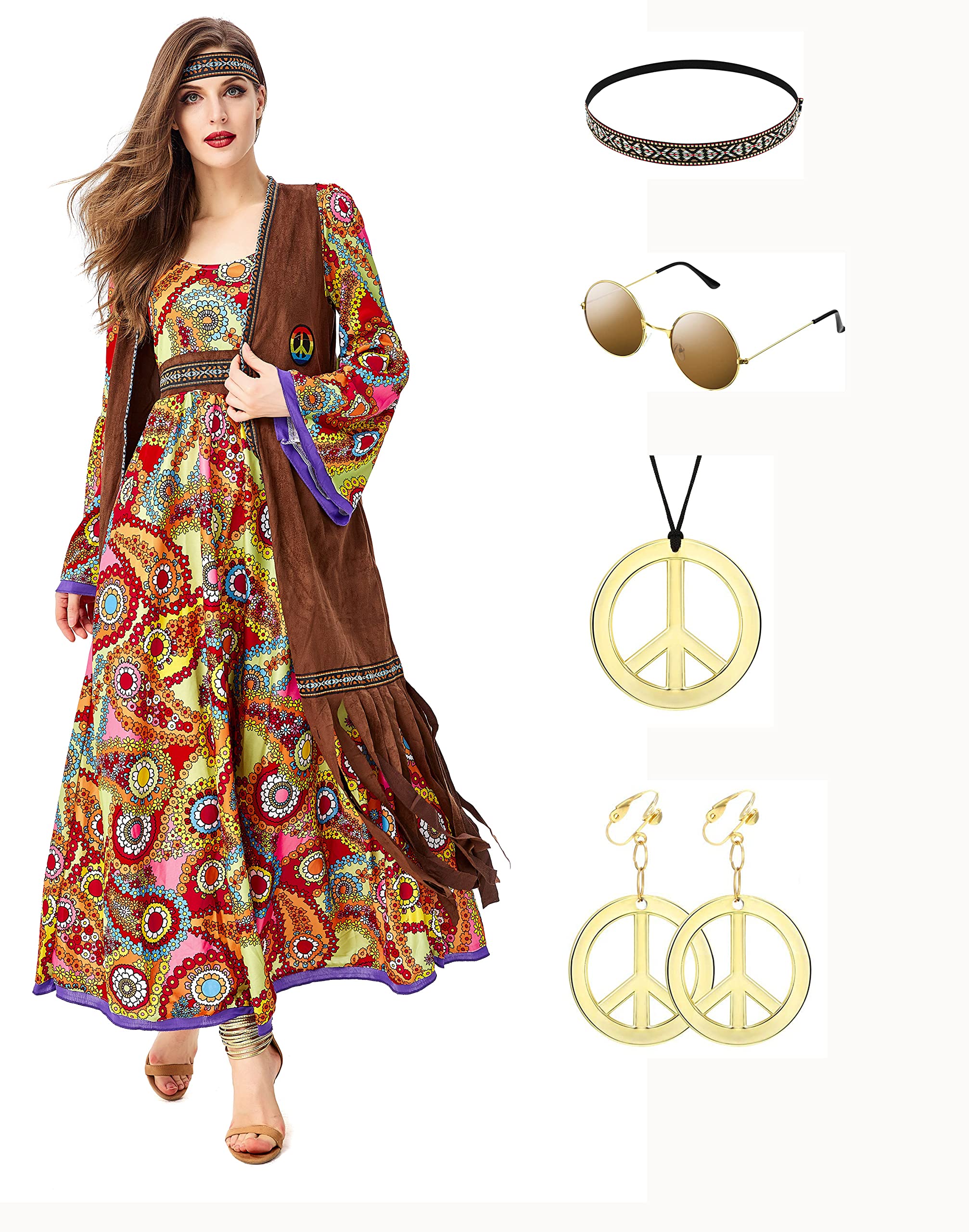Disfraz hippie de los años 60 y 70 con accesorios hippie, ropa retro hippie, disfraz de discoteca, disfraz para Halloween y carnaval, cosplay