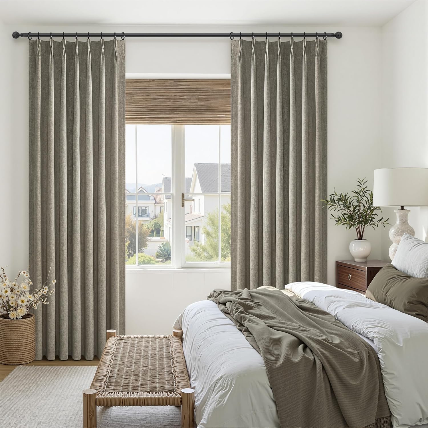 Grey Green Blackout Linen Curtains 108 Inches Long for Living Room Bedroom, Pinch Pleated Boho Light Drapes Viral Window Curtain with Pinch Pleat Clips Thermal Insulated for Winter(40"Wx108"Lx2Panels)