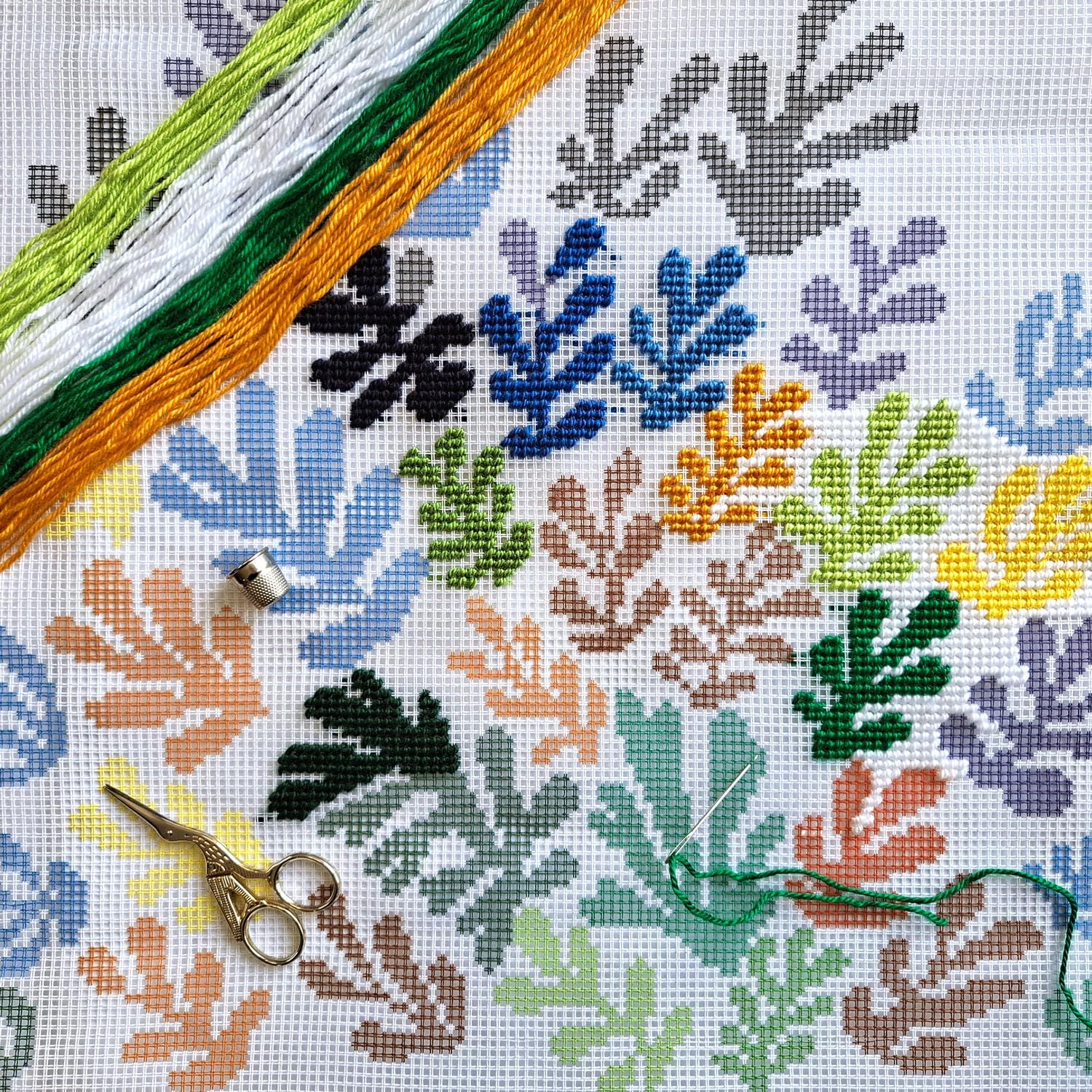 Brvsk Abstract Embroidery Kit for Adults and Beginners — The Sheaf by Henri Matisse 16″ × 16″ with Clear, Precise Printed Design on Cotton Canvas; Includes 2 Needles, Yarn, and Easy-Read Chart