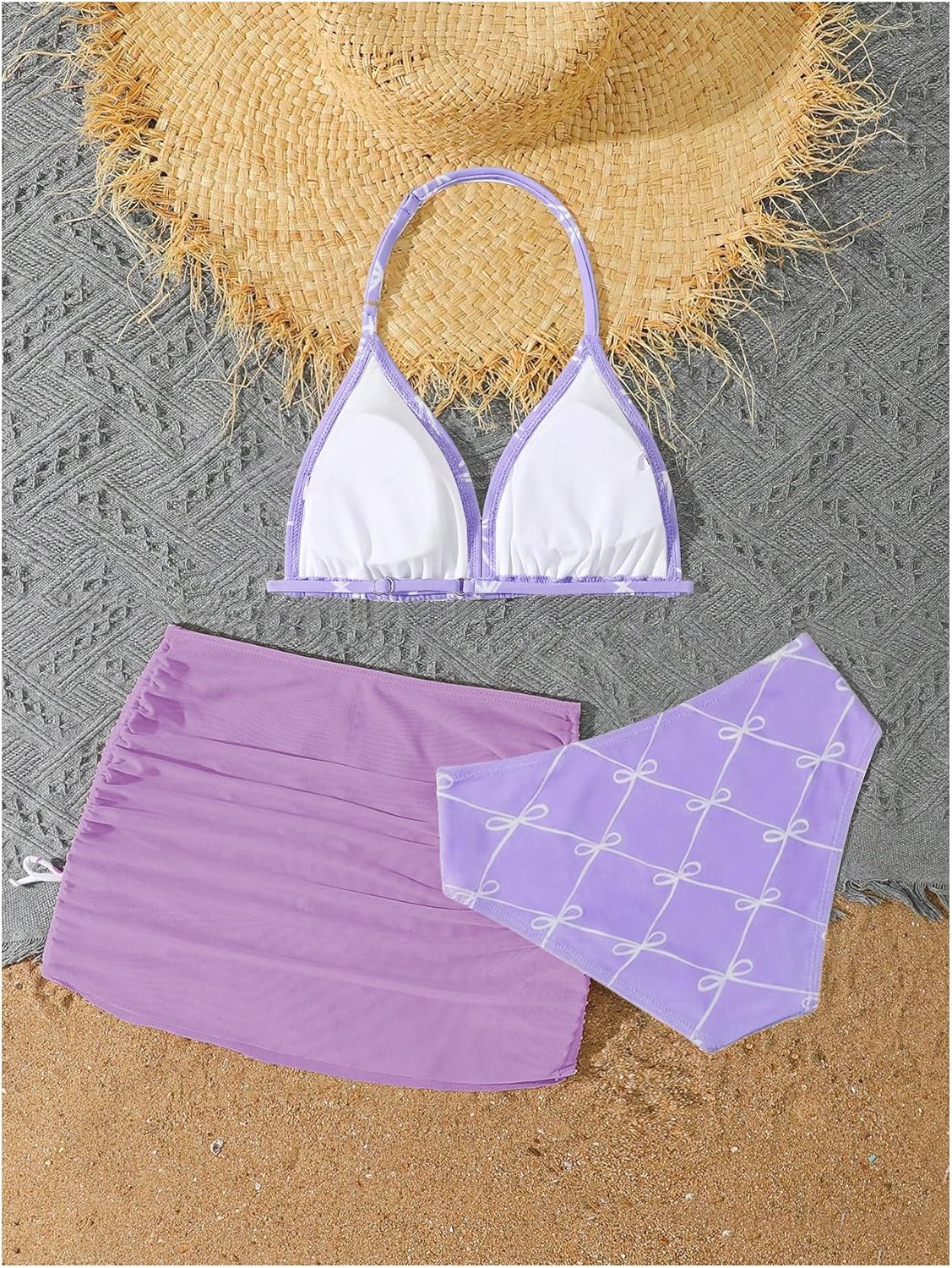 RoseSeek Girl's 3 Piece Cute Bowknot Bathing Suit Halter Triangle High Waisted Swimsuit with Beach Cover Up Skirt