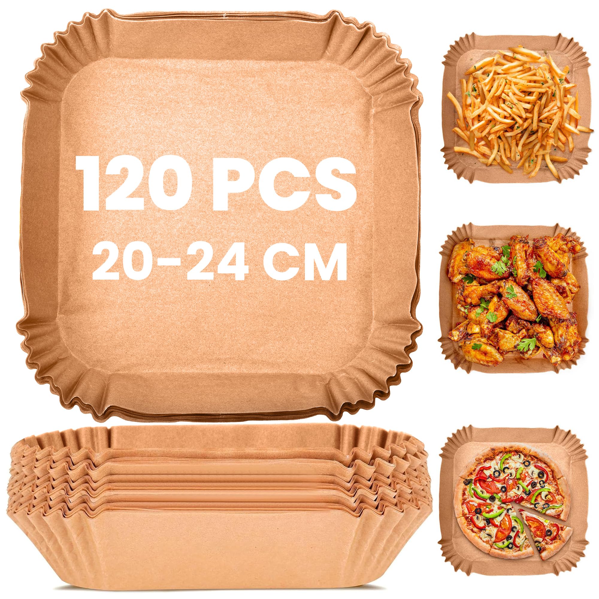 KitchenBoss 120 Piezas Papel Freidora Aire：20-24cm Papel Air Fryer Cuadrado, Papel Pergamino Freidora Aire Desechable Antiadherente para 5-8L Freidora, Horno, Microondas