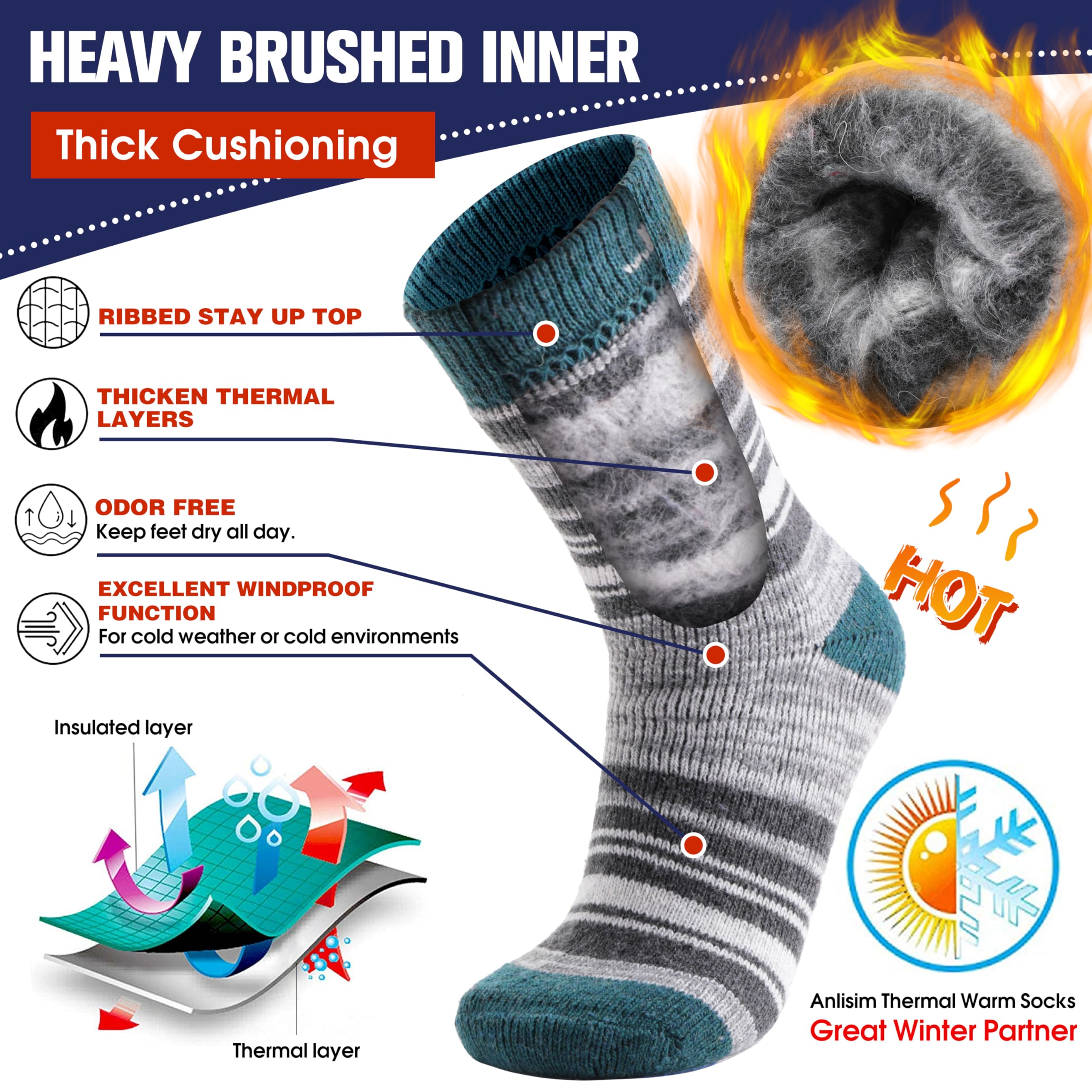 Anlisim Calcetines térmicos de invierno, 3 pares para hombres y mujeres, extra gruesos, aislados, para botas de esquí para clima frío extremo