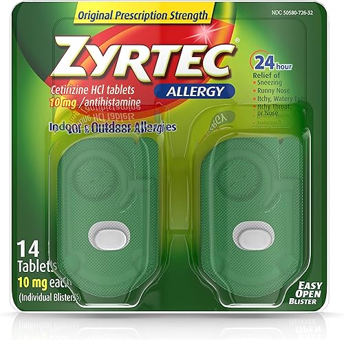Zyrtec Tabletas para aliviar la alergia las 24 horas, 10 mg de cetirizina HCl antihistamínico medicamento para la alergia, 14 unidades