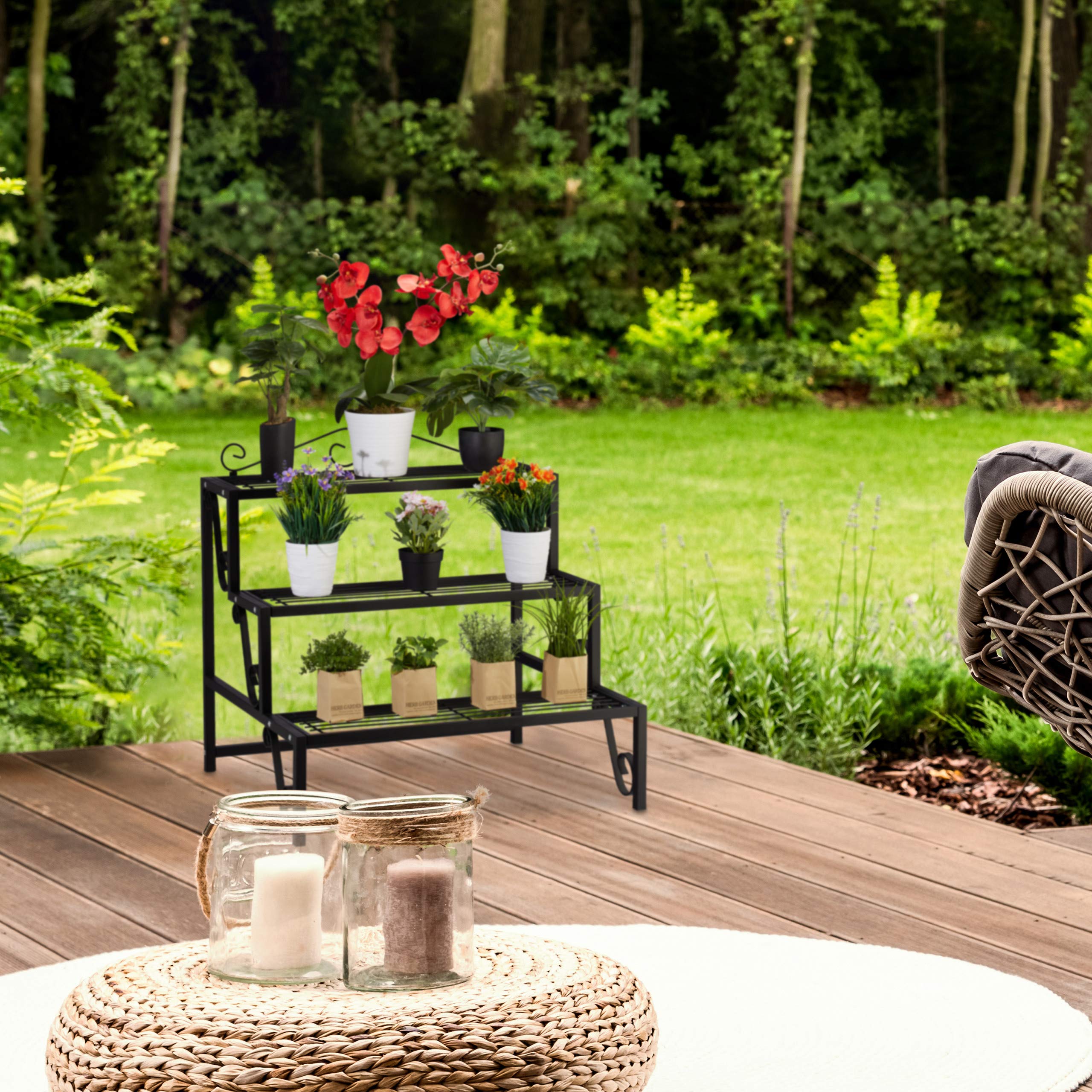 Relaxdays étagère extérieure Jardin, métal, 3 Niveaux, extérieur et intérieur, avec Ornement, HLP 69x70x60 cm, Noir