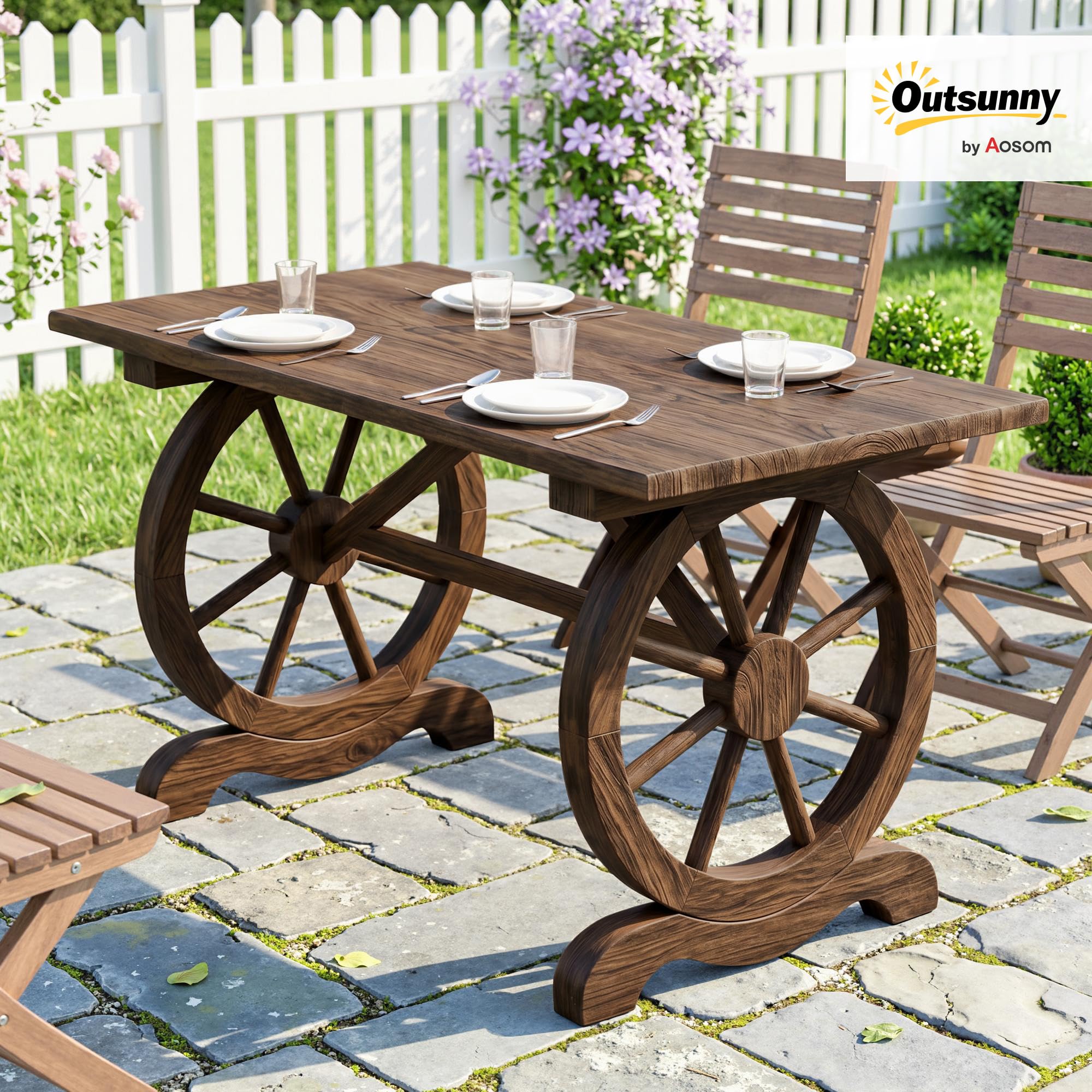 Outsunny Mesa de Jardín de Madera con Patas en Forma de Rueda, Mesa de Terraza Exterior, 110x60x65 cm, Carga Máxima 100 kg, para Patio, Exterior, Madera Carbonizada