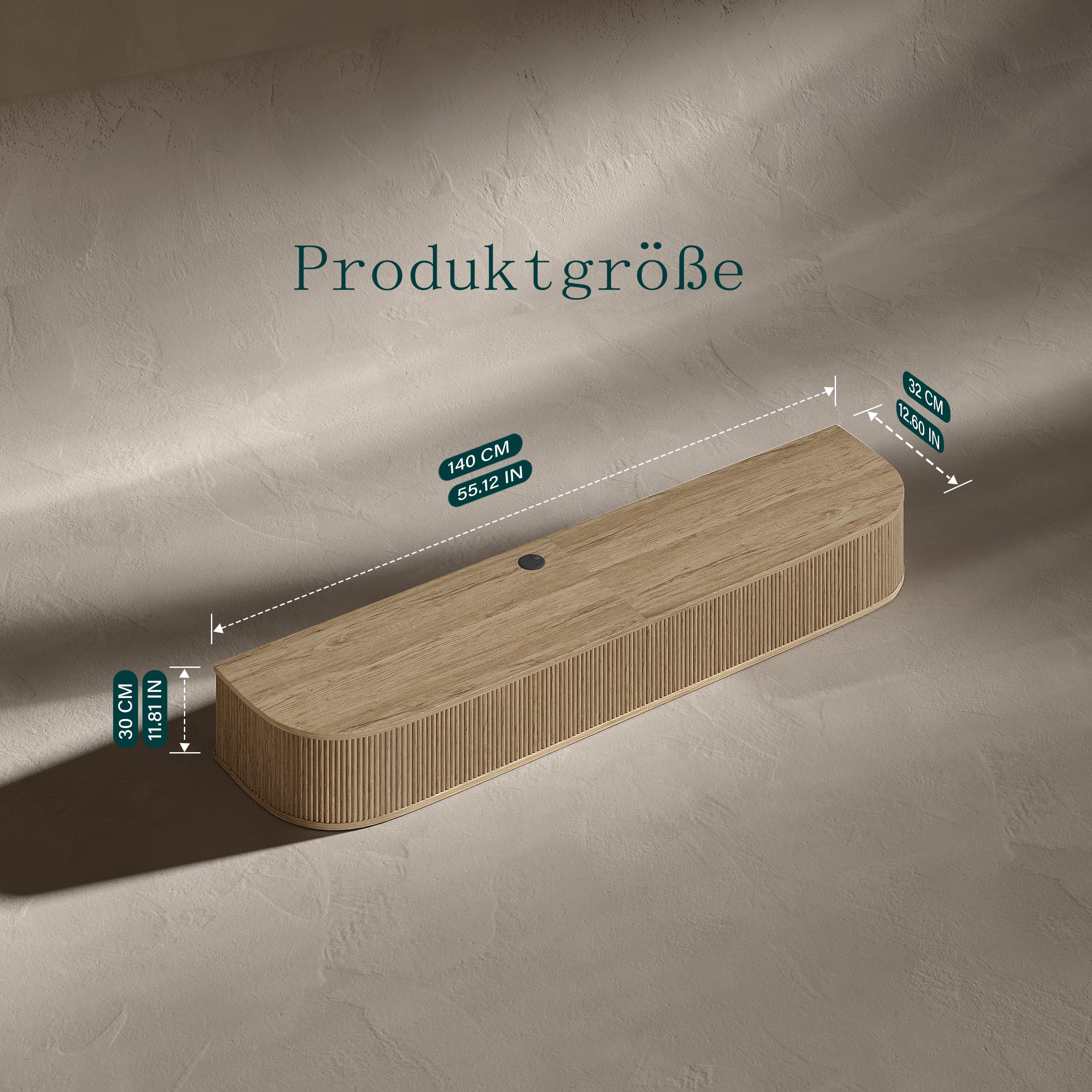 Hängendes TV Lowboard 140 cm lang Buche Holzoptik Modern | Schwebender TV Schrank für 45–55 Zoll Fernseher, sanft abgerundete Ecken & frontseitige Einfräsvertiefung, im Wohnzimmer