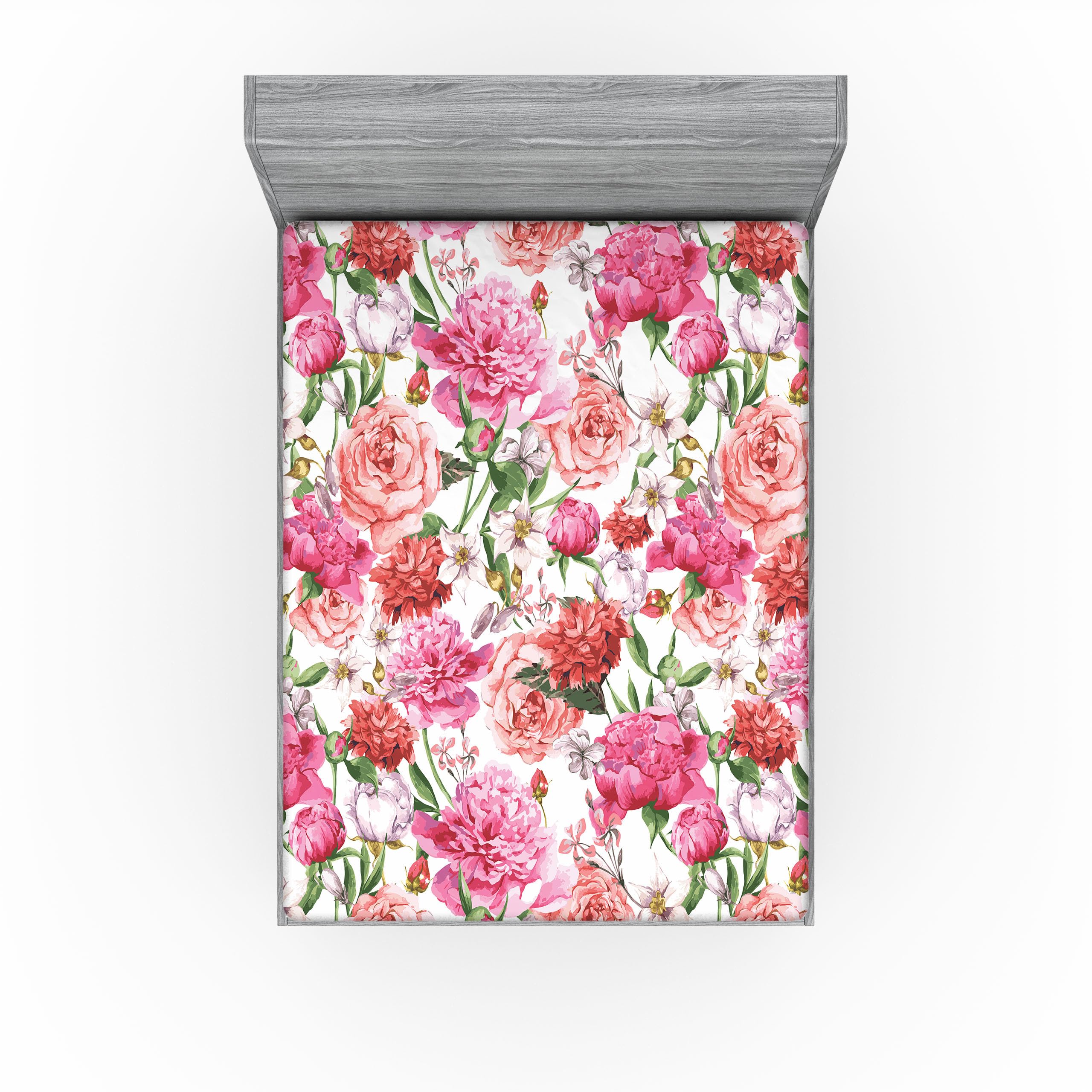 Ambesonne Floral 2 Pack Fitted Sheet, Peonies and Roses, Bed Cover All-Round Elastic Deep Pockets 2 Pieces, Package Contains 2 Queen Size Fitted Sheets, White Pink Blush