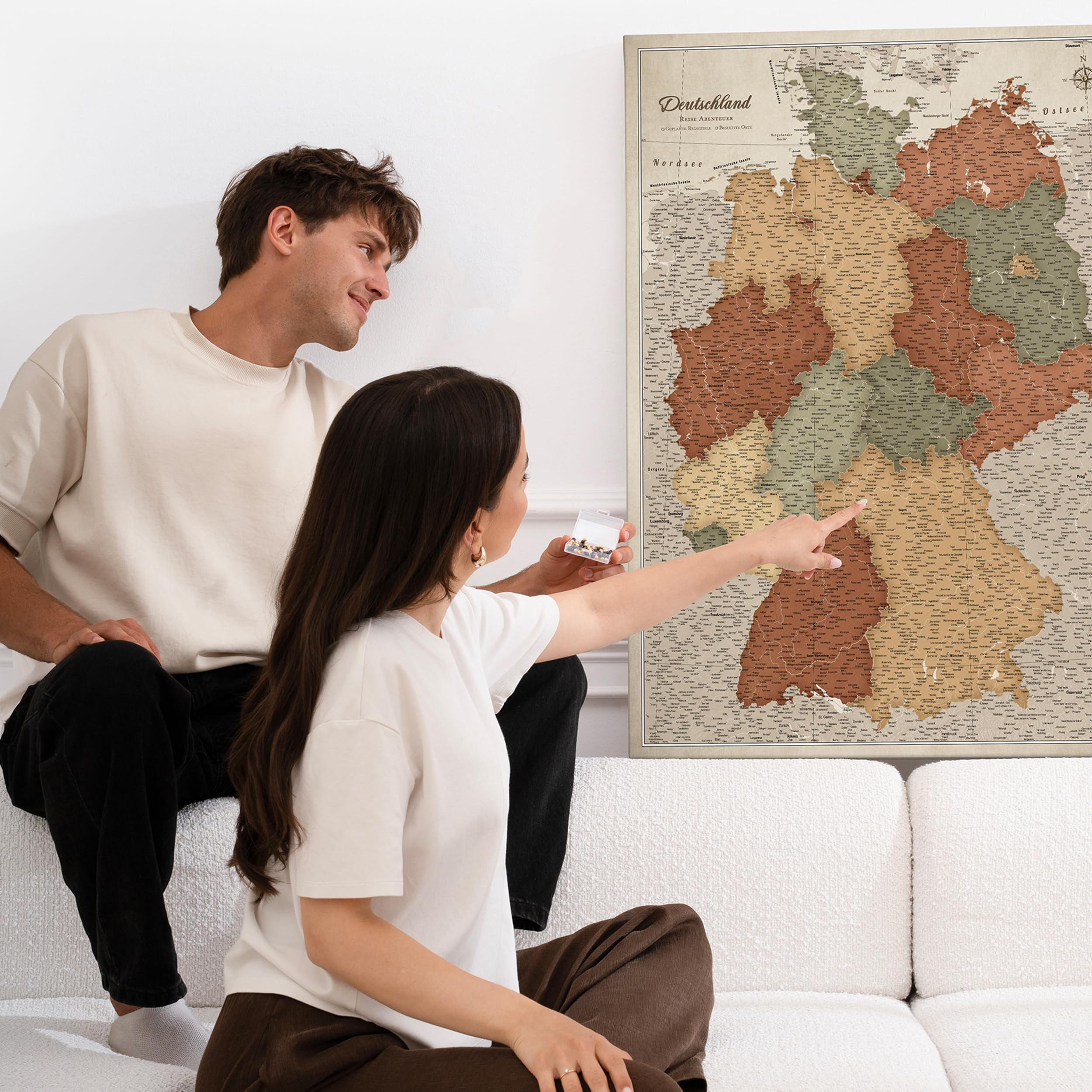Canvas Deutschlandkarte mit Pinnwand Kork zum Pinnen der Reiseziele - Wanddeko für Jeden Raum - Hochwertige Leinwand Bilder mit Deutschlandkarte (70x50 cm, Muster 2)