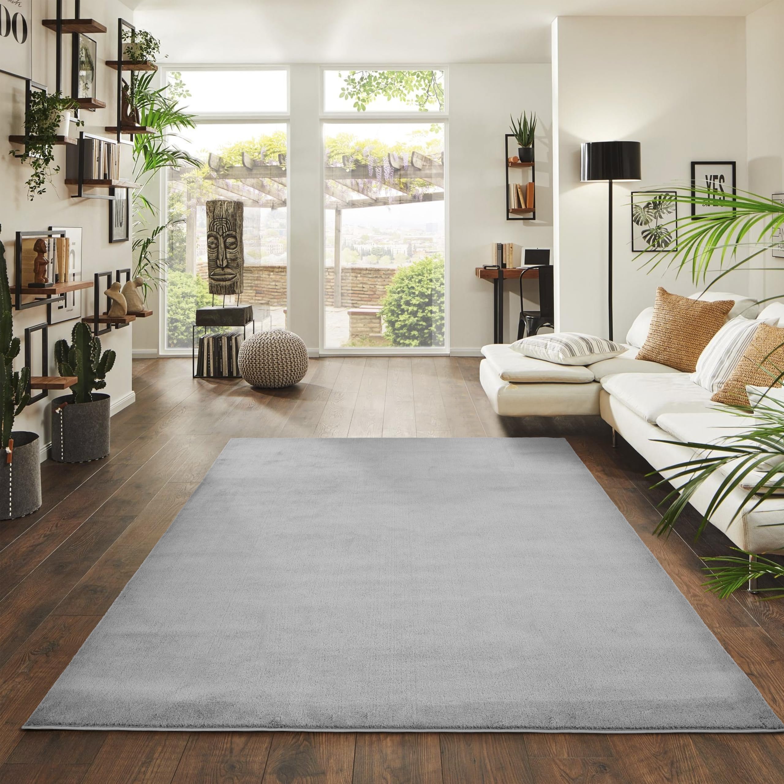 Jimri Alfombra mullida de Pelo Corto de para el hogar, Oficina, Cocina, Entrada, Pasillo, Sala de Estar, Lavable a máquina, Antideslizante, Lavable, 140 x 200 cm, Color Plateado