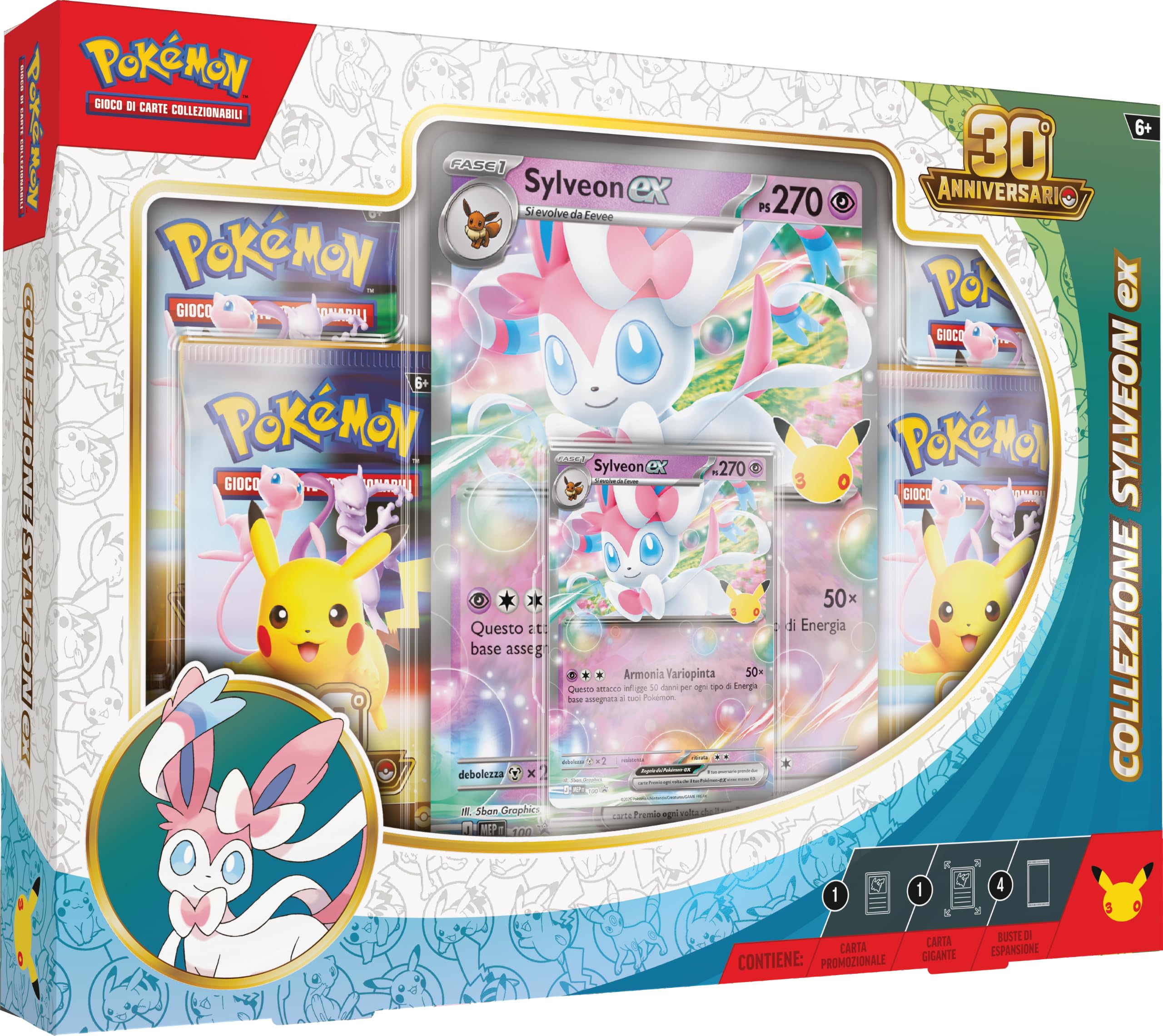 Pokémon: collezione Sylveon-ex dell’espansione 30° Anniversario del GCC Pokémon (1 carta promozionale olografica 1 carta olografica gigante e 4 buste di espansione) Edizione in Italiano