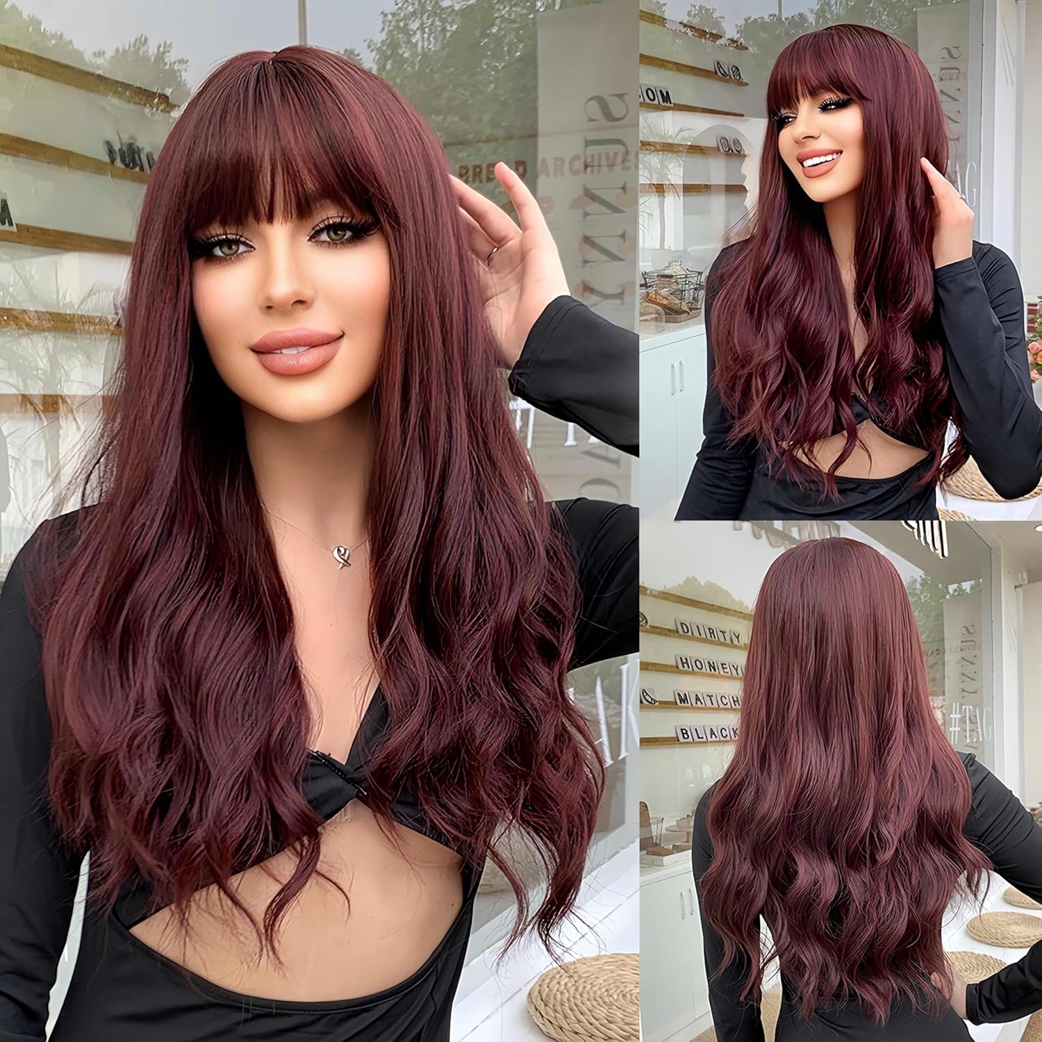 Human Hair Wigs Long Curly With Bangs In Wine Red For Women Natural Look Soft Fluffy Texture Breathable Cap For Daily Wear (Burgundy 26inch)