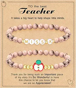 Teacher Appreciation Gifts for Women,Teacher Must Haves Initial Bracelet Mrs Miss End of Year Teacher Gifts Thank You for Helping Me Grow Music Math Science Teachers Bracelets Retirement 2 Set Jewelry