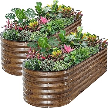 Galvanized Raised Garden Bed Outdoor- 2PCS 6x2x1.4ft Oval Steel Raised Beds for Gardening, Metal Planter Box with Protective Strip and Gloves for Vegetables, Flowers, Fruits(Brown)